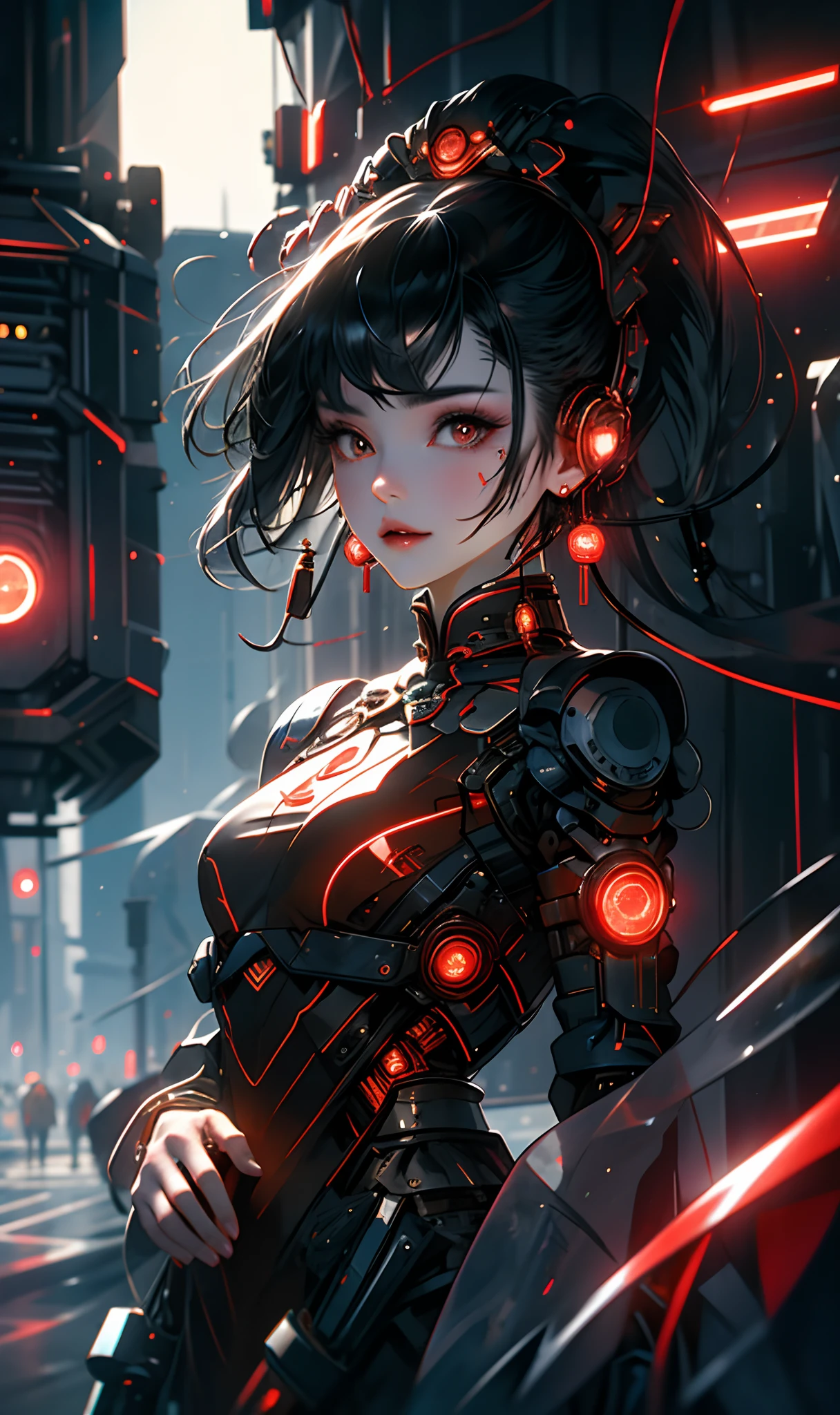 1 girl, Chinese_clothes, liquid black titanium and red, cyberhan, cheongsam, cyberpunk city, dynamic pose, detailed luminous headphones, luminous hair accessories, long hair, luminous earrings, luminous necklace, cyberpunk, high-tech city, full of mechanical and futuristic elements, futuristic, technology, glowing neon, red, red light, transparent black tulle, black ribbon, laser, digital background urban sky, big moon, with vehicles, best quality, masterpiece, 8K, character edge light, Ultra-high detail, high quality, the most beautiful woman in human beings, smiling slightly, face facing front and left and right symmetry, ear decoration, beautiful pupils, light effects, visual data, dark black hair, ultra-detailed facial texture, bright leather red gloves, elevation shooting, surreal light and shadow, complex brush strokes, complex lines