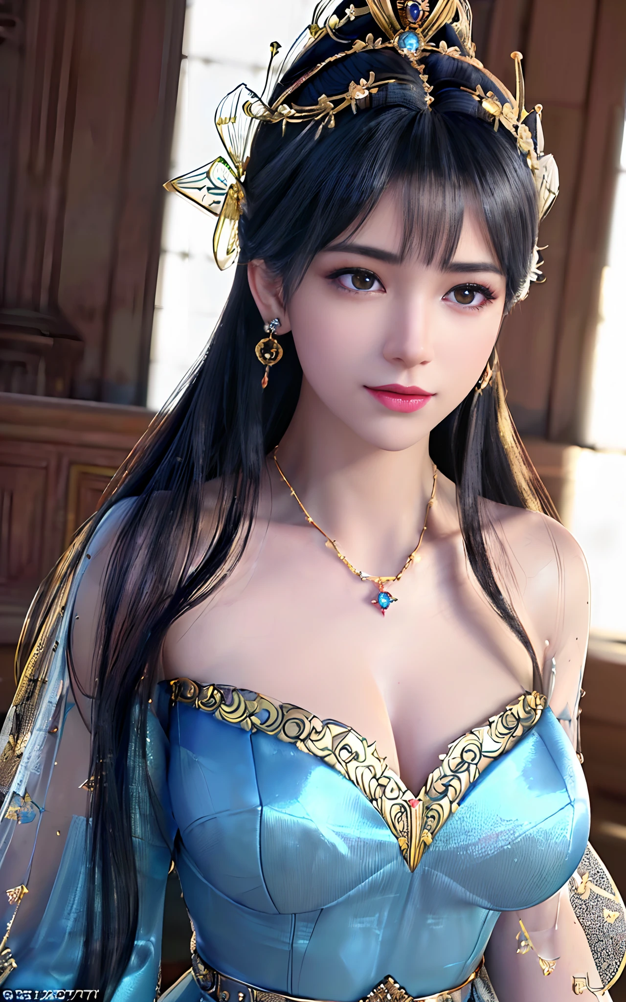 ((realisticity: 1.2)), ((best resolution: 8K UHD)), best quality,masterpiece,highres,cg,
((1 super detailed and super realistic girl)), ((very beautiful queen dazzling, super realistic, and super detailed)),((white skin, beautiful, smooth, youthful, super realistic and super detailed
)), long hair, ((super realistic and super detailed dress)), solo, ((super realistic, super beautiful, gorgeous and super detailed jewelry)), ((super beautiful, super realistic and super detailed dark red and golden yellow dress)),
((super beautiful, super realistic, super detailed diamond filled earrings)),
  ((super beautiful, super realistic and super detailed diamond filled hair ornament)), ((super beautiful upper body, super beautiful, super realistic and super detailed)), ((big breasts: 2.5)), 
((super grand, super realistic and super detailed royal palace backgroun))
((super beautiful, super beautiful, super realistic and super detailed hair bun)), ((super beautiful, super realistic and super detailed blue hair)),
candid, Photograph, high resolution, 8k,Bokeh,
