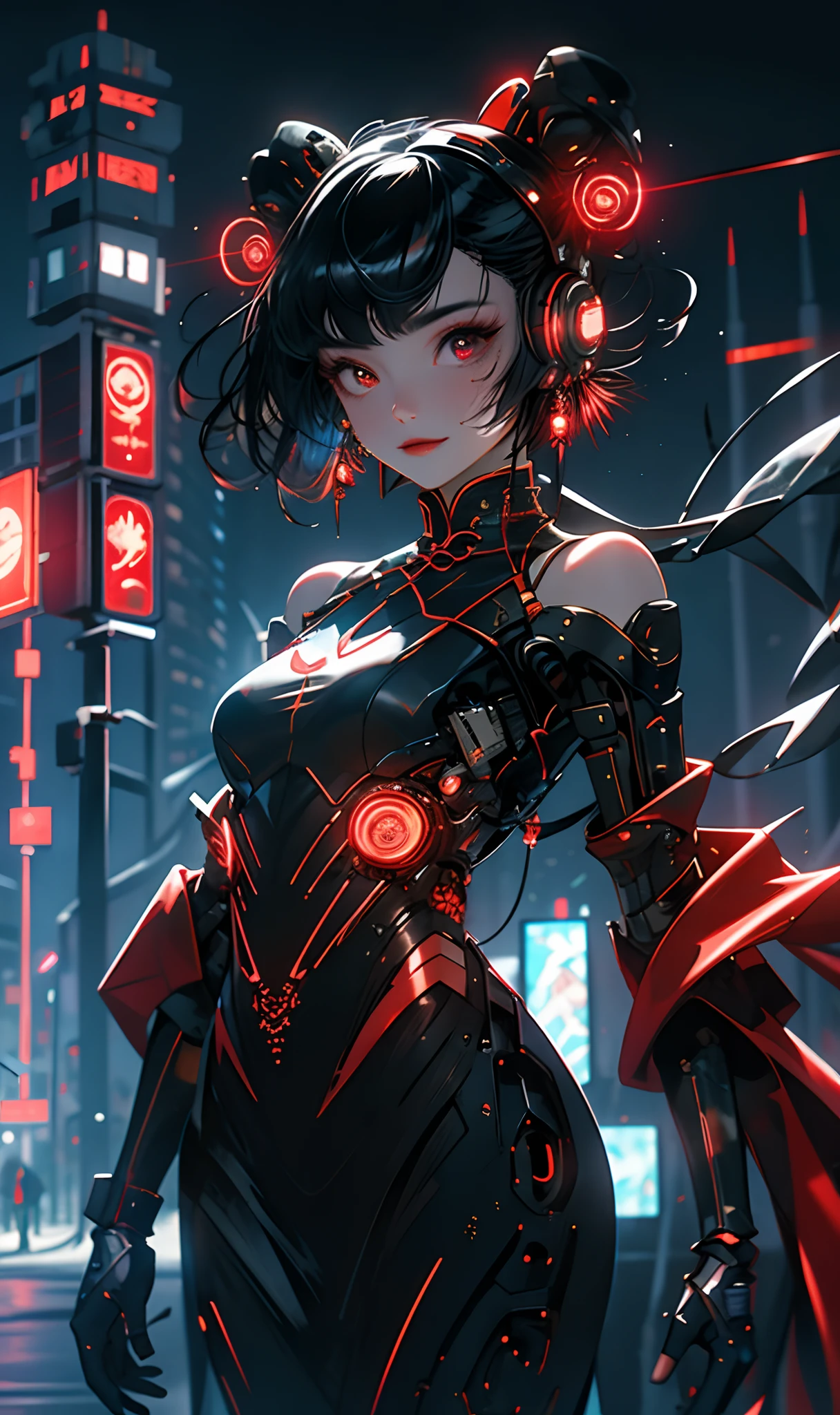 1 girl, Chinese_clothes, liquid black titanium and red, cyberhan, cheongsam, cyberpunk city, dynamic pose, detailed luminous headphones, luminous hair accessories, long hair, luminous earrings, luminous necklace, cyberpunk, high-tech city, full of mechanical and futuristic elements, futuristic, technology, glowing neon, red, red light, transparent black tulle, black ribbon, laser, digital background urban sky, big moon, with vehicles, best quality, masterpiece, 8K, character edge light, Ultra-high detail, high quality, the most beautiful woman in human beings, smiling slightly, face facing front and left and right symmetry, ear decoration, beautiful pupils, light effects, visual data, dark black hair, ultra-detailed facial texture, bright leather red gloves, elevation shooting, surreal light and shadow, complex brush strokes, complex lines