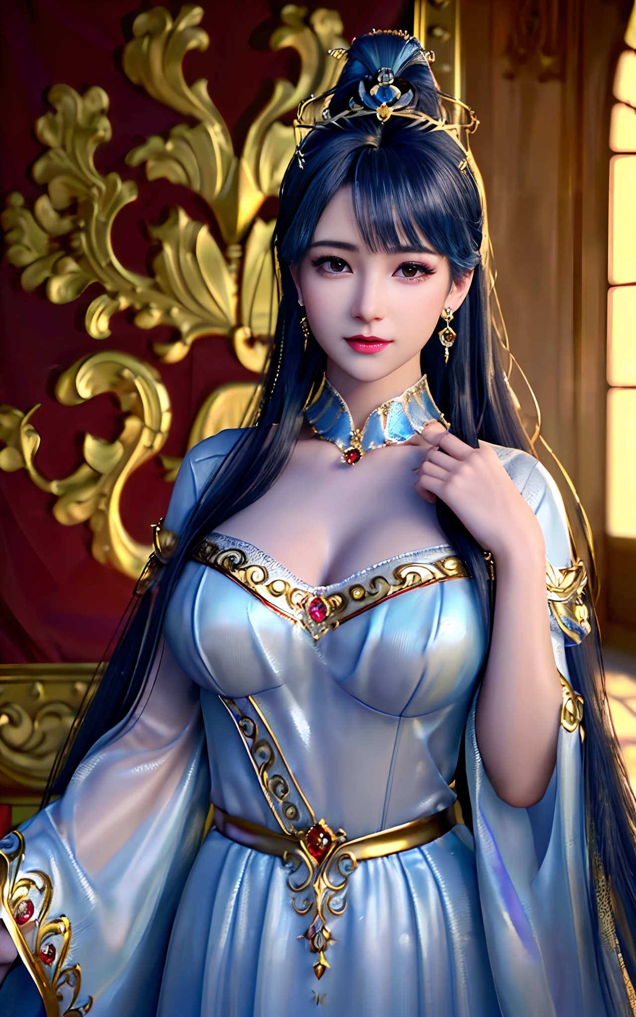 ((realisticity: 1.2)), ((best resolution: 8K UHD)), best quality,masterpiece,highres,cg,
((1 super detailed and super realistic girl)), ((very beautiful queen dazzling, super realistic, and super detailed)),((white skin, beautiful, smooth, youthful, super realistic and super detailed
)), long hair, ((super realistic and super detailed dress)), solo, ((super realistic, super beautiful, gorgeous and super detailed jewelry)), ((super beautiful, super realistic and super detailed dark red and golden yellow dress)),
((super beautiful, super realistic, super detailed diamond filled earrings)),
  ((super beautiful, super realistic and super detailed diamond filled hair ornament)), ((super beautiful upper body, super beautiful, super realistic and super detailed)), ((big breasts: 2.5)), 
((super grand, super realistic and super detailed royal palace backgroun))
((super beautiful, super beautiful, super realistic and super detailed hair bun)), ((super beautiful, super realistic and super detailed blue hair)),
candid, Photograph, high resolution, 8k,Bokeh,