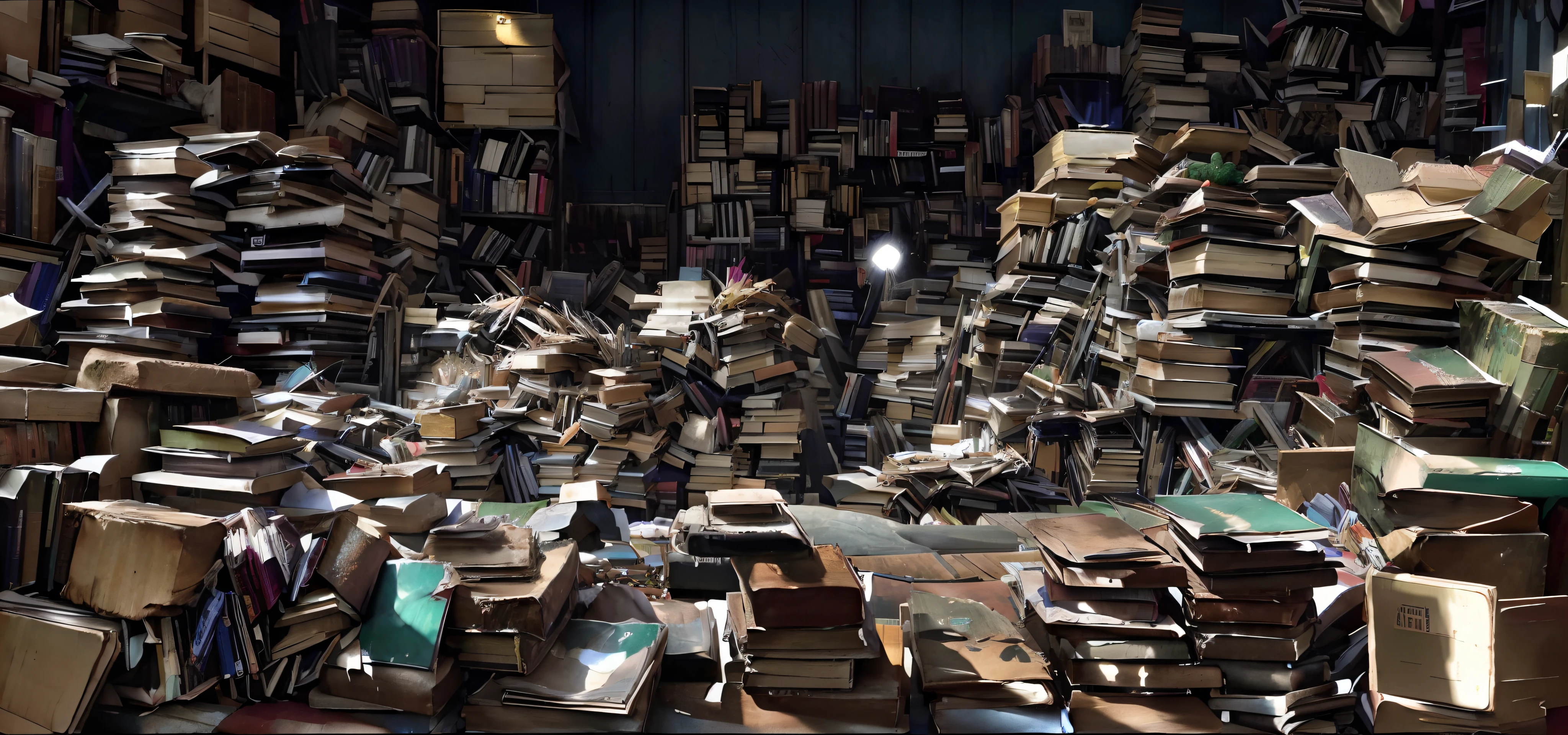 Metal piles in warehouses，In the background stands a woman, endless books, in a ravaged library, A stack of giant books, books all over the place, video still, books messy about the room, Filled with books, Piles of books, Cluttered medium shot, well-illuminated, A lot of books, Book Cave, junk, Piles of garbage