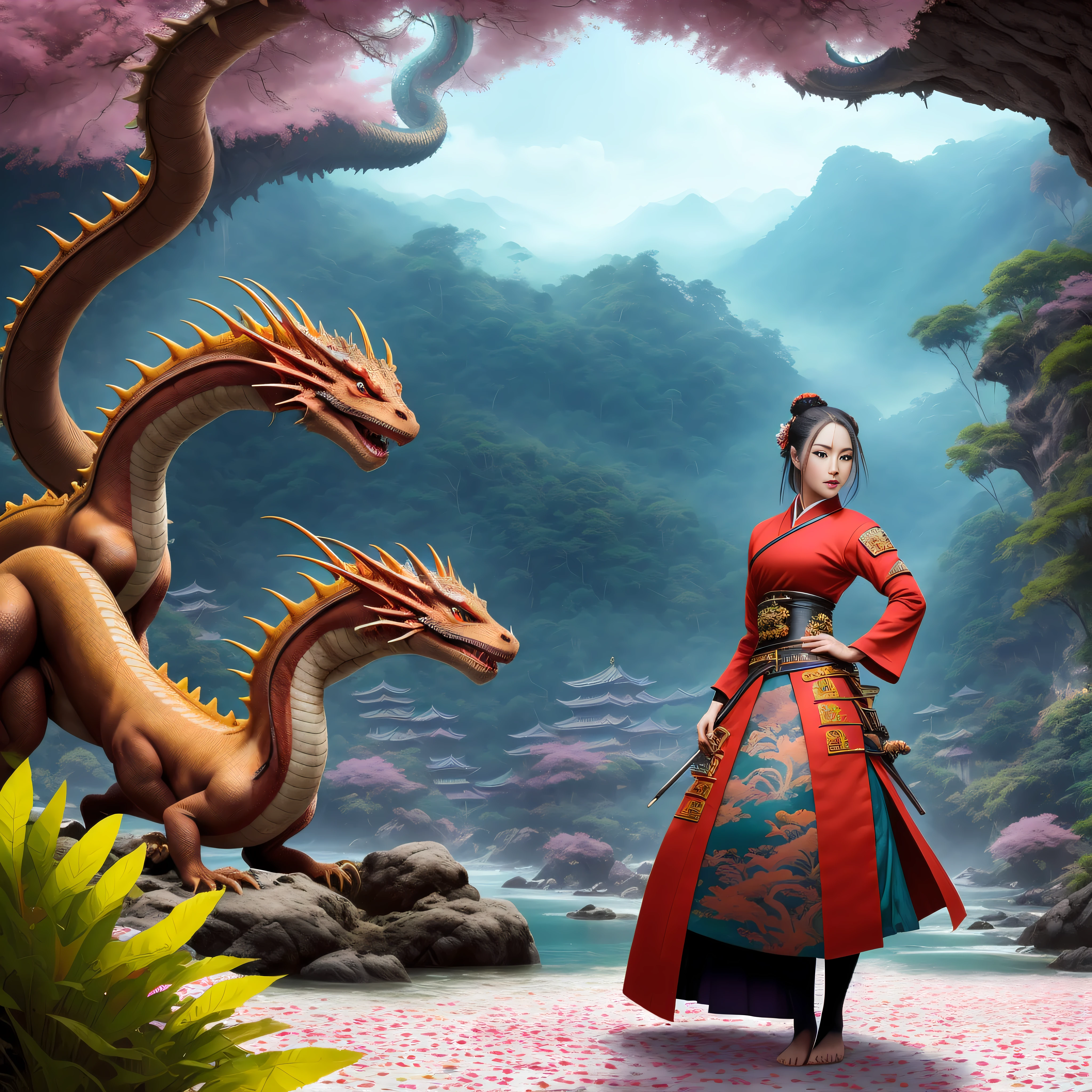 Dragon_Real, Long Red Flame Dragon, Chinese dragon, patas, cuerpo serpentino, ojos agudos, ((mejor calidad)), ((obra maestra)), ((realista)), ((mujer samurai con ropa china oro, porta una espada, cabello suelto adornado con un hermoso adorno para el cabello, standing amid flying flower petals with a majestic dragon wrapped around her)), Modelo de corte de pelo de capas Choppy, possed es De pie en la pose de la puerta, color rojo agudo, Shooting angle is bird's eye view, Be mesmerized by the enchanting sight of a samurai woman in elegant Chinese attire, su cabello suelto adornado con gracia con un adorno de cabello cautivador. As the petals of the flowers sway in the wind around them, A majestic dragon wraps its serpentine body around it, creating a scene of mythical charm. Immersed in the deepest jungle river of a rainforest village, Lush vegetation and vibrant flora surround them. Las runas adornan el paisaje, imbuyendo un aire de misticismo antiguo. The duo sits on top of a fog-shrouded mountain, donde los picos nevados alcanzan el cielo. A soft light illuminates the girl's face, casting soft shadows and capturing their ethereal beauty. Bokeh and distant neon lights add a touch of magic from afar, creating a dream environment. Blurred background further enhances cinematic quality, drawing attention to the splendid, hyper-detailed composition. Prepare to be captivated by the perfect blend of natural elements and fantasy in this artistic masterpiece.