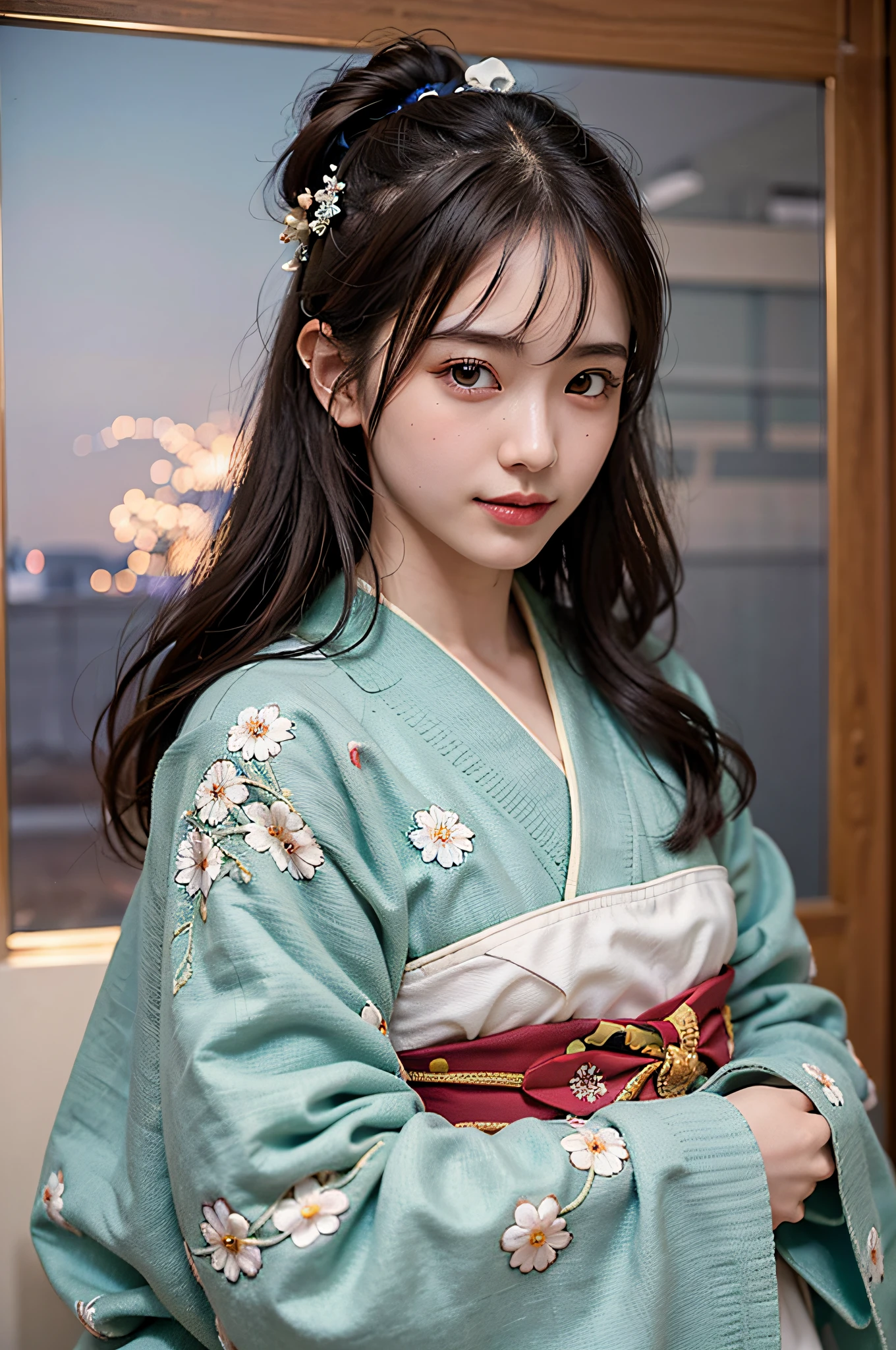 (Photorealsitic:1.4), (Top image quality:1.0), (超A high resolution:1.0), 8K, Raw photography, (masterpiece:0.2), (pureerosface_v1:0.5)、(Best Quality Detail:1.2)、realisitic、8K UHD、hight resolution、(1girl in:1.2)、The ultra-detailliert、High quality textures、intricate detailes、detaileds、Very detailed CG、High quality shadows、Detail Beautiful delicate face、Detail Beautiful delicate eyes、depth of fields、Ray traching,1girl in, japanaese girl, Cute, slender, Black kimono, Kimono with Japanese pattern,Floral scrunchie, Beautiful skin, Facing the front,Sit down, Sit upright and say thank you,Align your hands elegantly,Smile faintly The Land of Japan,Japanese garden,Luxury Japanese-style room, skyporn, Magic Hour, (Realistic:1.3), Finely detailed, quality, (masutepiece:1.2), (Photorealistic:1.2), (Best Quality), (Intricate details), Dramatic, Ray tracing, photograph, +Lola