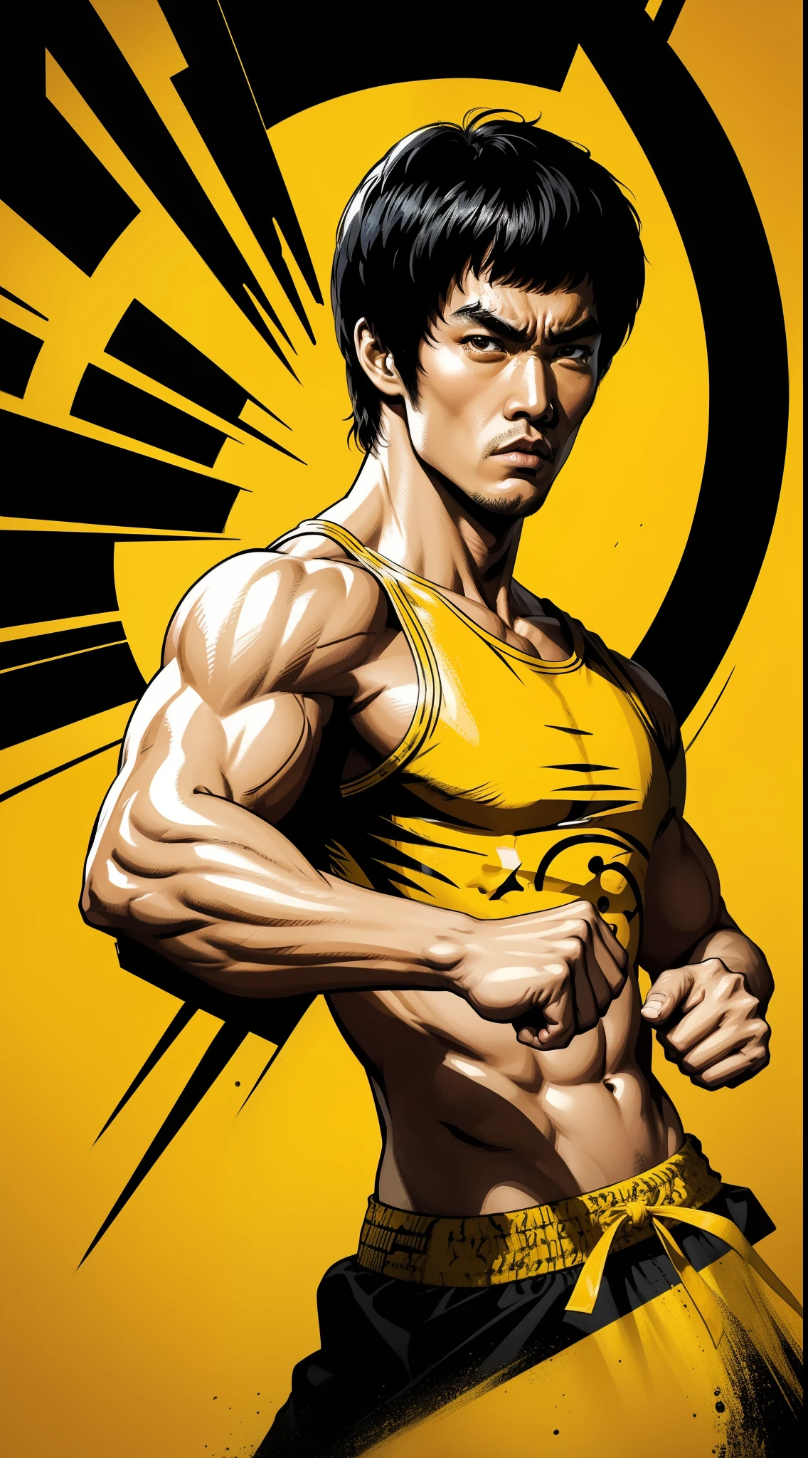 1boy，creampie，Kung Fu superstar，Bruce Lee，Bruce Lee，portraitures，head，Expression of anger，Face，frontage，Yellow theme，Up to two colors，amarelo，Black Themes，Vector graphics，logo，vectorised，Patterned，graphical，flags，Company image