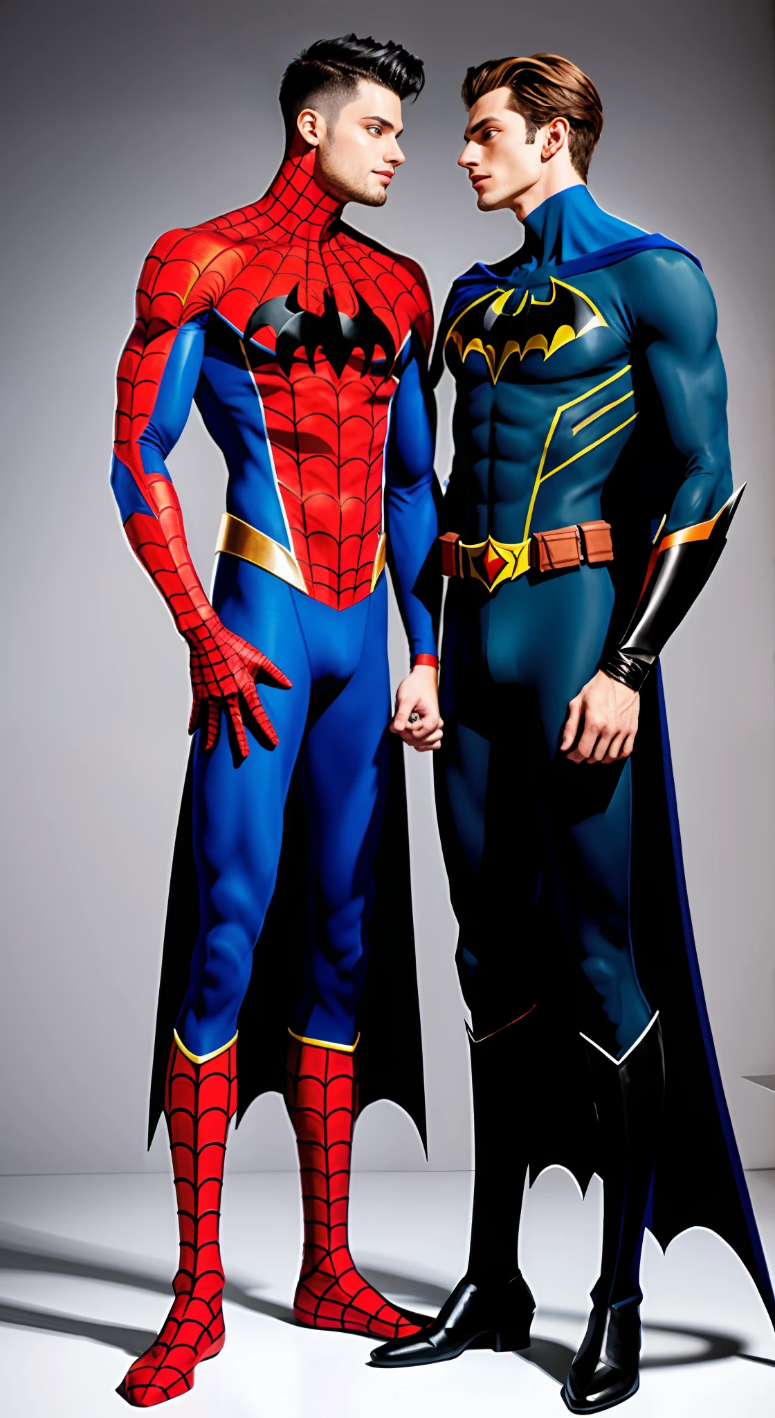 tmasterpiece, Best quality at best, 2 young men, A gay couple, Homosexuality, 2 Men, Spider-Man and Batman, Height difference, Different colors, apathy, Loves,Gay,Attractive feet,Model figure,Tall and tall,