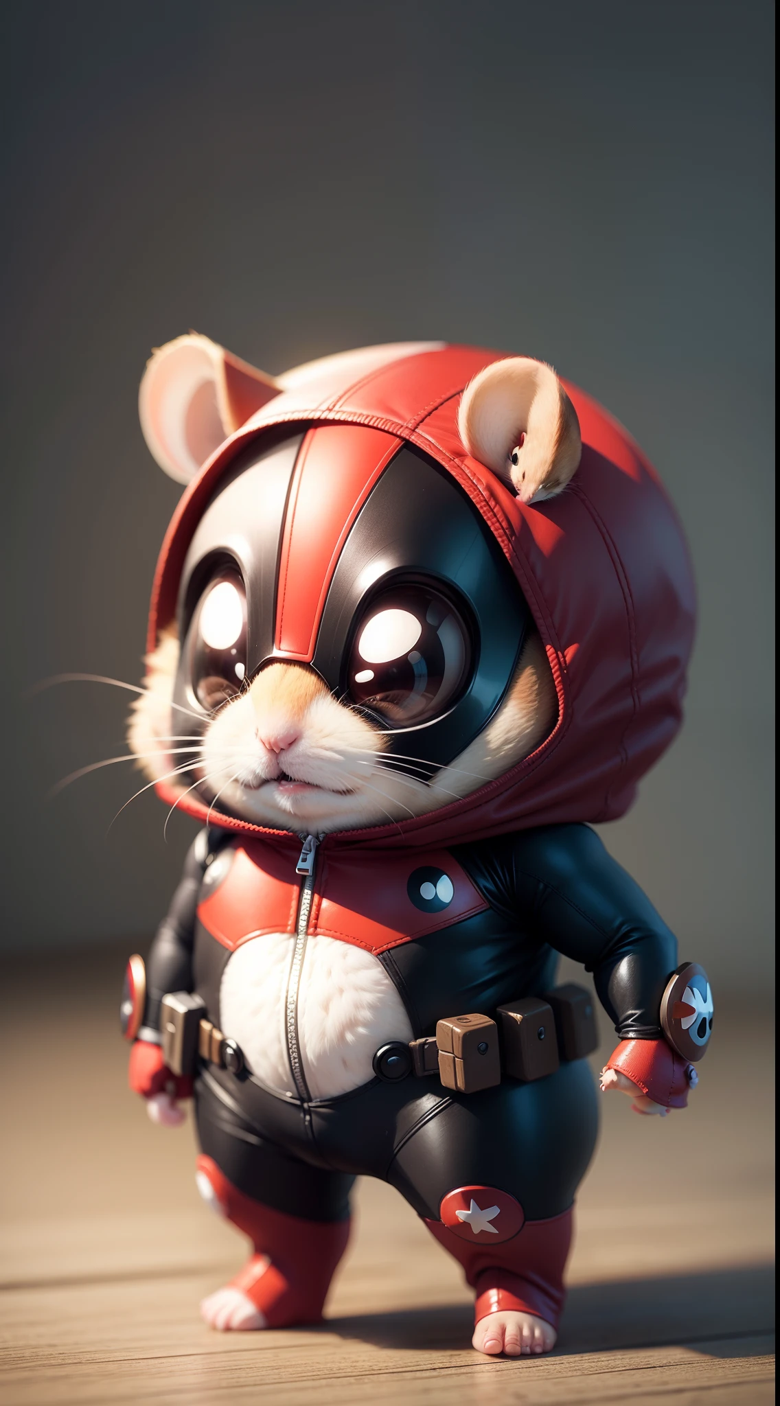A cute hamster in Deadpool suit, small, tiny, chibi style, full body, sharp focus, 8k wallpaper, masterpiece
