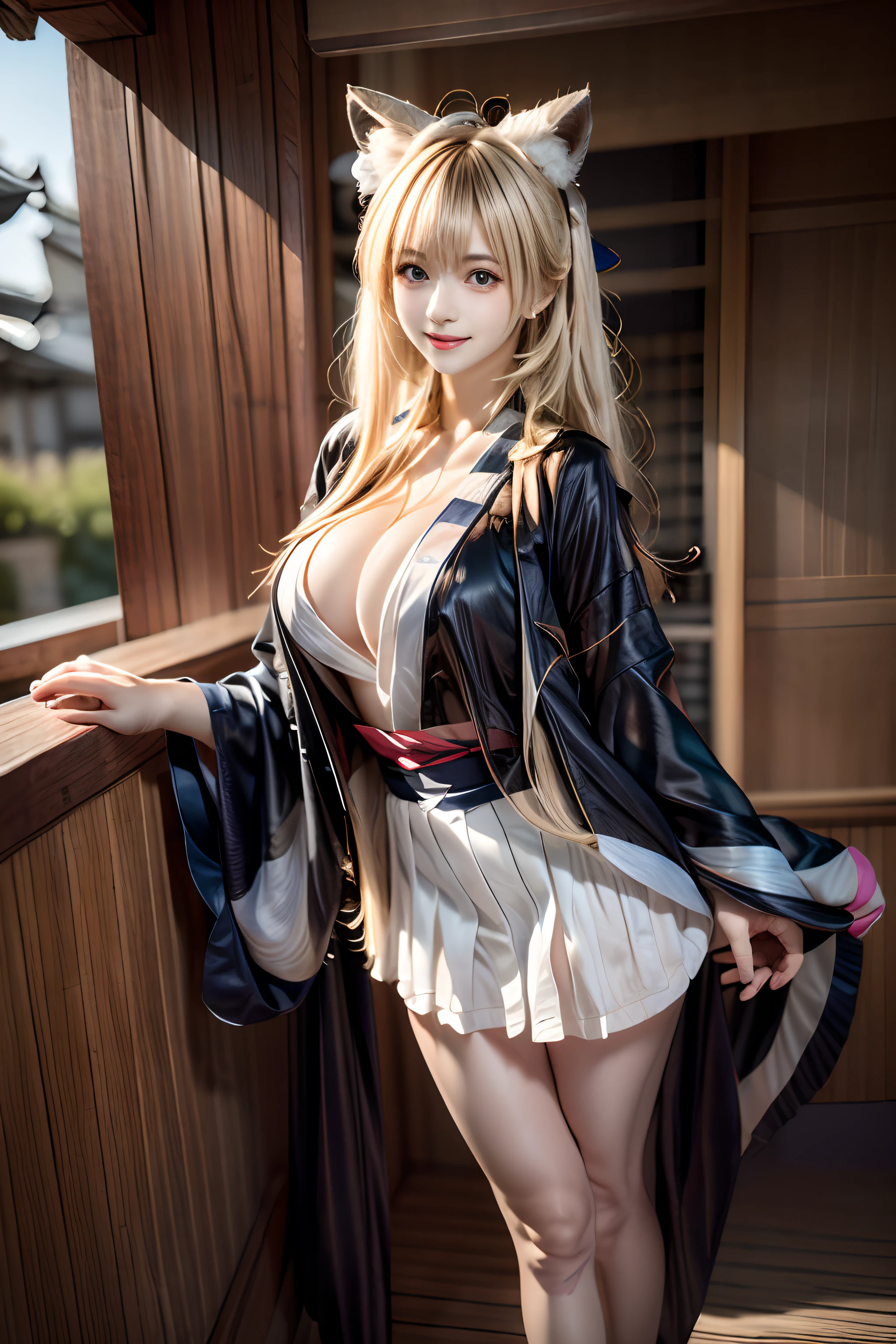 top-quality、masterpiece、超A high resolution、(Photorealsitic:1.4)、Raw foto、1 girl in、a blond、full body Esbian、large full breasts、Ultra exposed cleavage、erotick、Erotic look、gargantilha、二重まぶた、Loose and fluffy perm、semi long hair、student clothes、a miniskirt、JK Ribbon、Thin, Skinny clothes、Smiling smile、Fox ears matching hair color、(((Loose kimono:1.5)))++、Fox ears to match hair color、