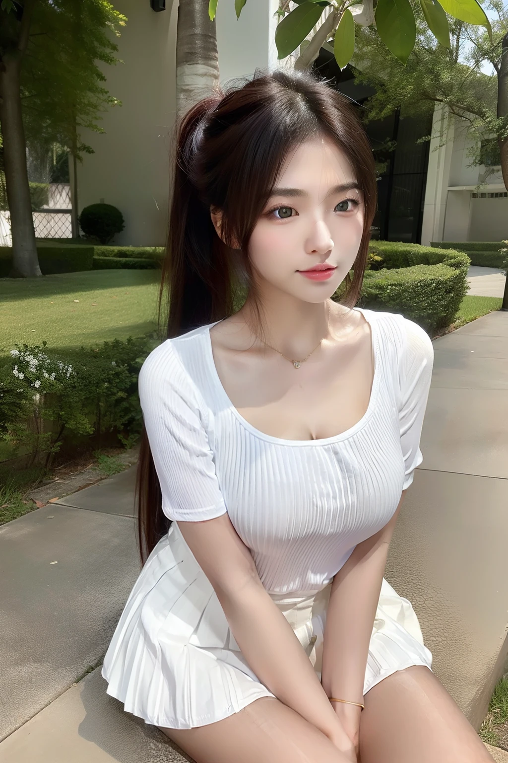 Top quality, Masterpiece, (reality: 1.2), Nice detailed girl, very detailed eyes and faces, Beautiful detailed eyes, There is light on the face, 1girll, long whitr hair, ((High ponytail)), fully body photo:1.5, wears glasses, white short sleeve shirt, ((White pleated skirt)), Superskirt, Bare arms, By bangs, Sexy legs, Facing the audience, nice thigh, pretty legs, Detailed skins, menstruation, the street, full_Body, look_at_peeping at the viewer, Professional lighting, photon maping, Radio City, Physically-based rendering, lacepantyhose, Sit Pose, legs separated, Sit on a bench, choker necklace, sexyposture,
