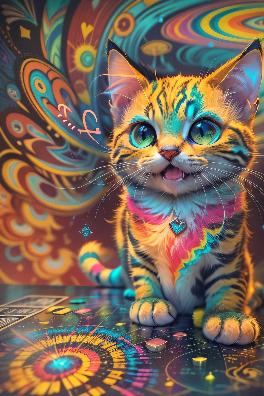 Drawing, Cute cat, tarot card, khokhloma, rainbow marble, dark vibrant colors, electric colors, neon colors, lisa frank, cosmos, rainbowcore, electrifying art, alcohol paint, colored frequencies, thermograph, smile, heart in eye, laughing, happy, Conceptual art, UHD, anatomically correct, super detail, high details, award winning, best quality, highres