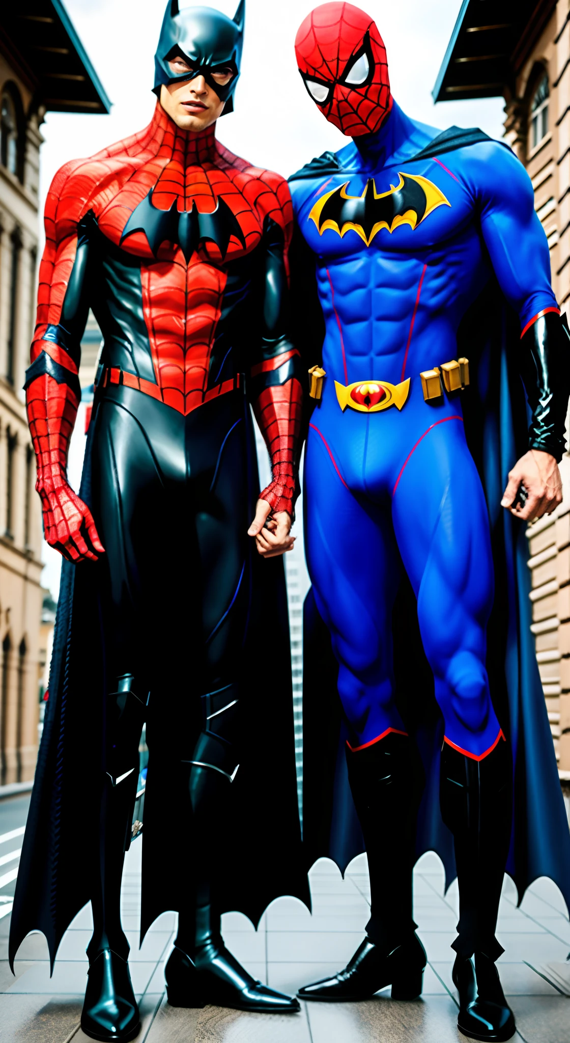 tmasterpiece， Best quality at best， 2 young men， A gay couple， Homosexuality， 2 Men， Spider-Man and Batman， Height difference， Different colors， apathy， Loves，Gay，Attractive feet，Model figure，Tall and tall，