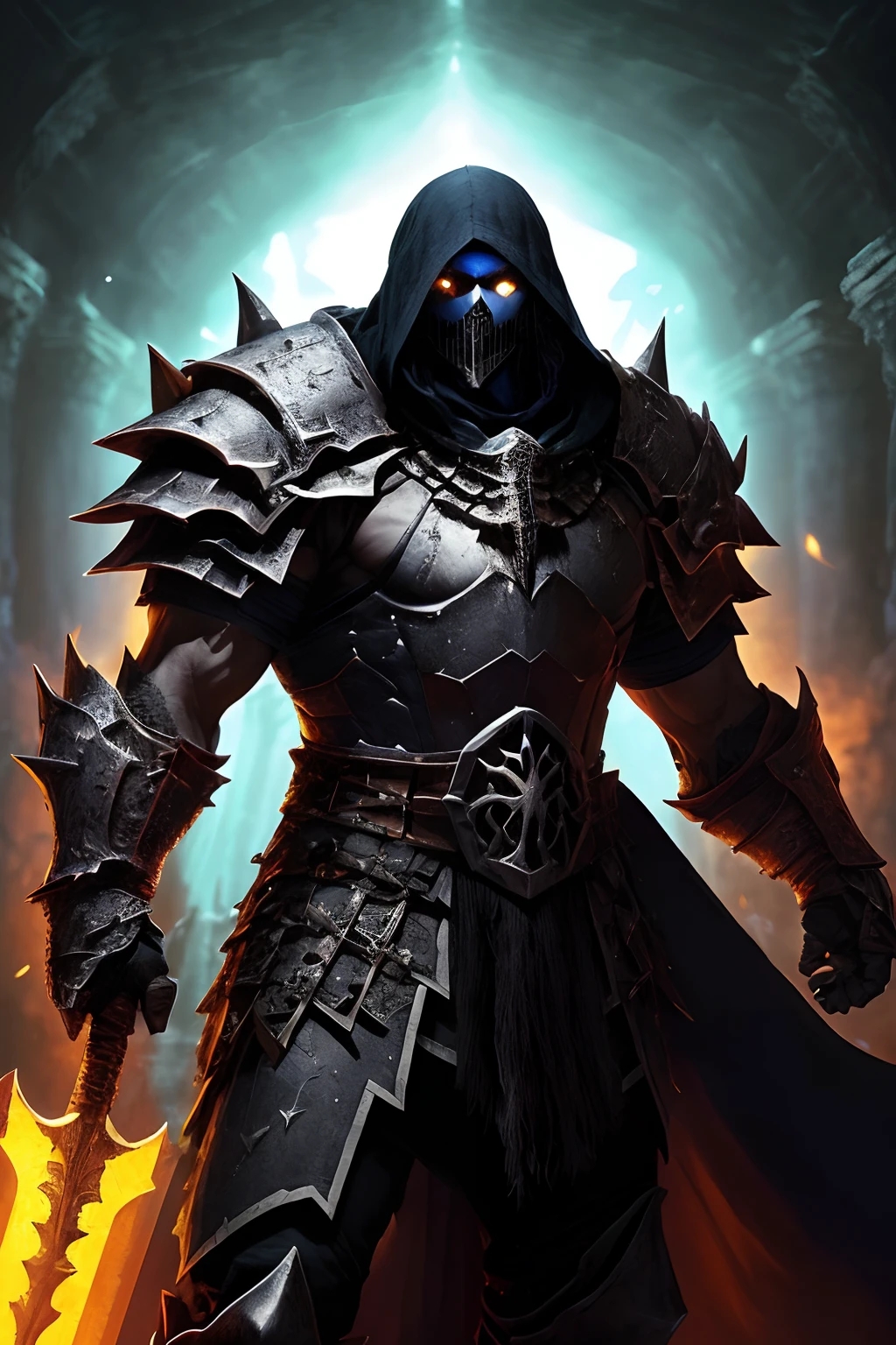 (papel de parede 8k extremamente detalhado), an average photo of a fearsome armored necromancer warrior, intrincado, alto detalhe, Dramatic