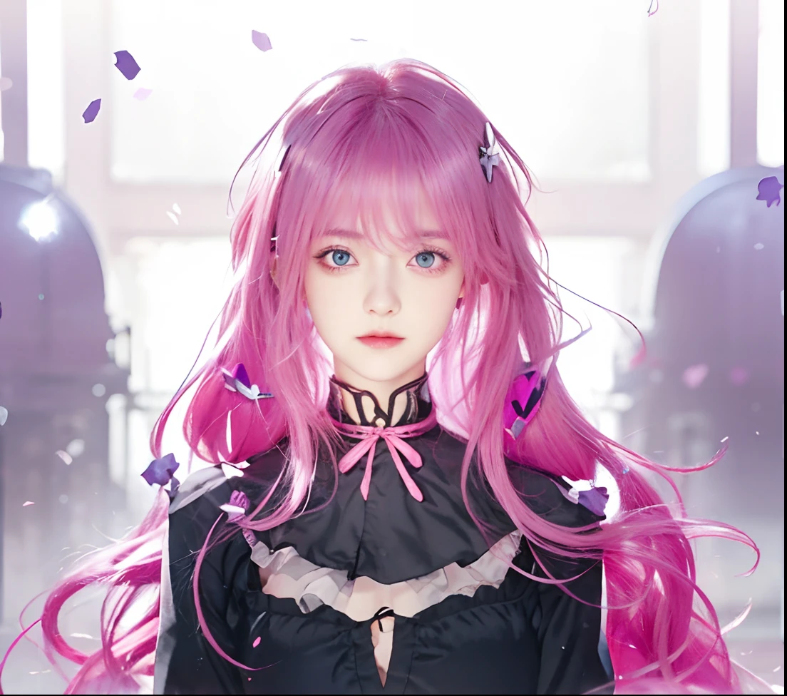 Realistic girl with pink hair and blue eyes in a black dress, a style like fate/stay night, portrait gapmoe yandere grimdark, Makinami Shiny, Koyoharu Gotoj, female anime character, With pink hair, Gothic virgin girl, gapmoe yandere, Hajime Yatati, Director Garmory., Mireille