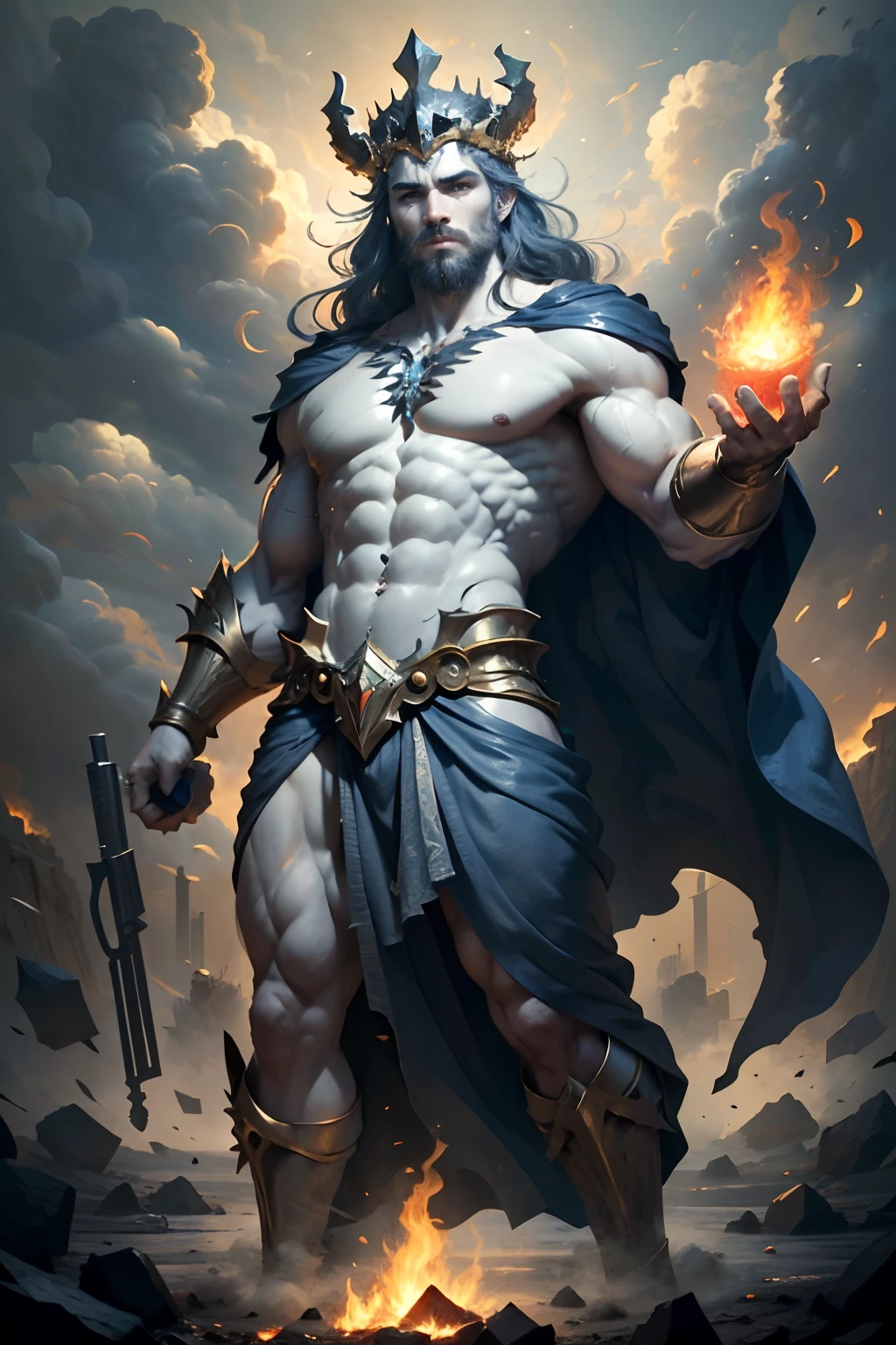 ((Best quality)), ((Masterpiece)), (detailed), depiction of Hades of Greece, (mythology: 1.2), (majestic appearance: 1.1), (gun of the underworld in the hand: 1.2), flowing beard and hair, muscular physique, wearing a crown made of shells, (realm of the underworld: 1.1), (powerful being: 1.2), (hellfire: 1.1), (divine aura: 1.1), (commanding gaze: 1.1), 8k resolution.