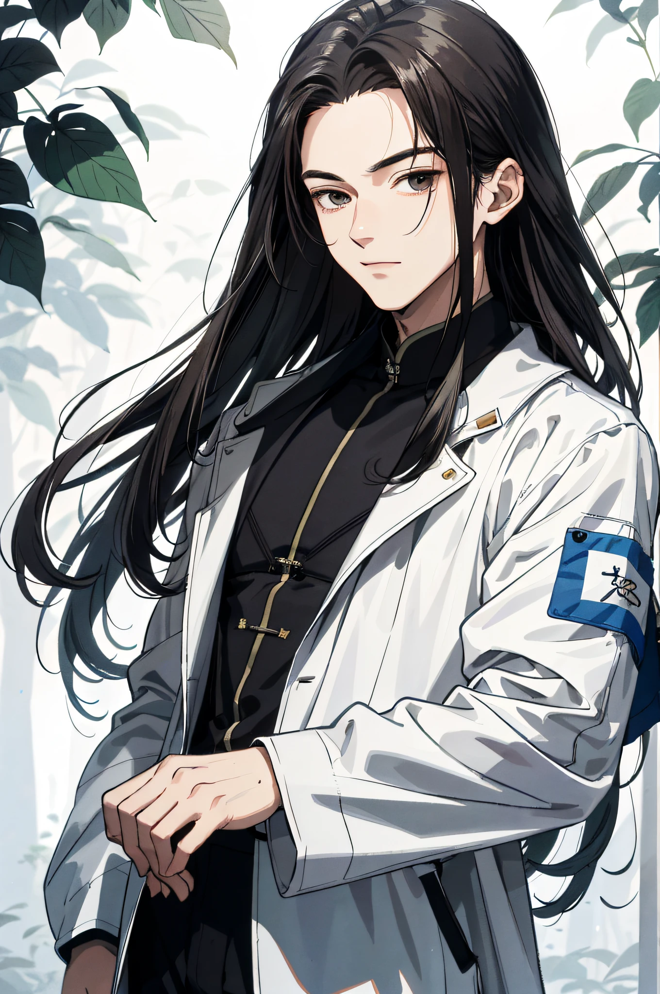 Absurd, High definition, Super detailed, Texture details, clear presentation, HD details, detail performance, Fine details, Clear face, Fix accurately, ((cabelos preto e longos))、long whitr hair、18-year-old man, Handsome, Tall,Soft smile、Slightly muscular,(Clear eyeballs), (1 person: 1.3), handpainted, Simple lines, (An 18-year-old man wearing a white Chinese suit), foggy forest、The upper part of the body,(Exocet suit 1.2)