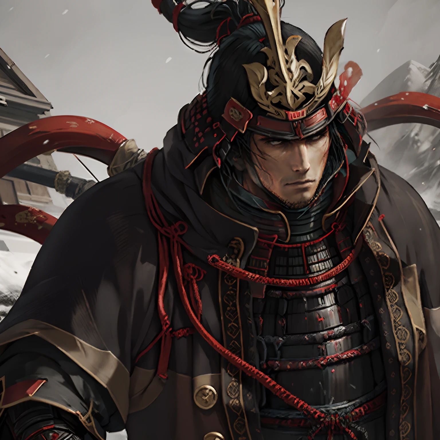 A young samurai warrior in traditional Japanese armor, ember, Best Quality, Masterpiece,beatiful face,shelmet, Sekiro