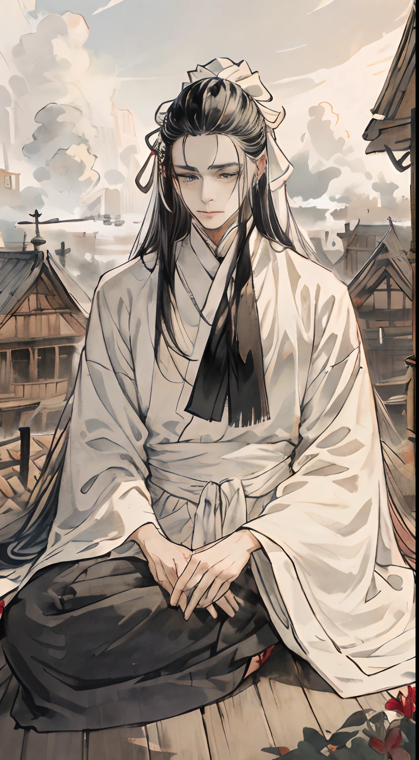 A young slender male charmer meditates sitting on his knees facing the author. On his lap lies enchanted. He has long hair, gathered in a tail at the back of the head, A white frontal ribbon is tied on his forehead. The man is wearing white mourning clothes, wide and completely hiding the body. He's focused, There is not a single emotion on the face. Around it is an abandoned city with wooden buildings, shrouded in a thick white fog
