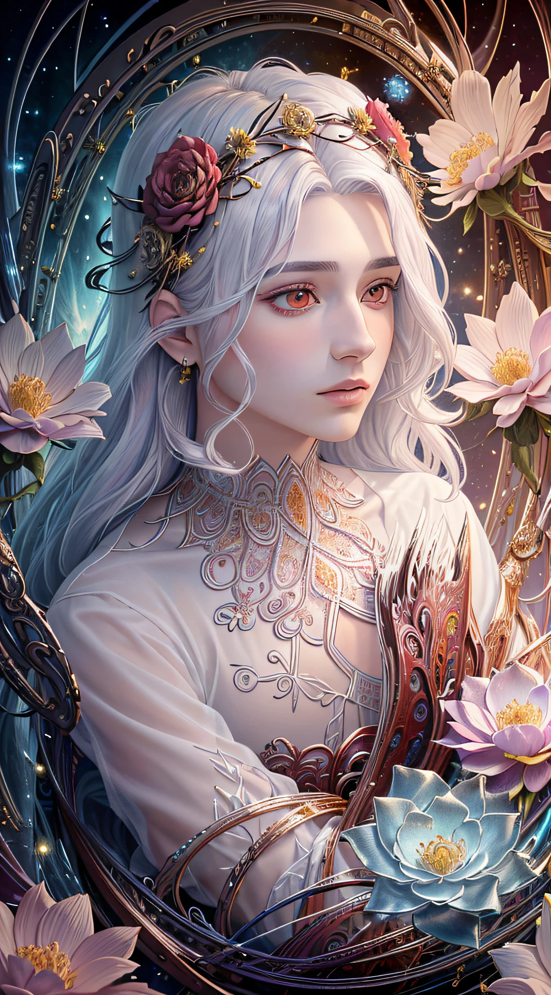 Realistic, (Masterpiece, Top Quality, Best Quality, Official Art, Beauty and Aesthetics: 1.2), Very Detailed, Fractal Art, Colorful, Most Detailed, Zentangle, (Abstract Background: 1.5) (1boy: 1.3), Gods, White Hair, (Glowing Red Eyes), Mysterious, (Magic), Ice, ((Flowers on the Other Side)), Yellow Spring, Hell