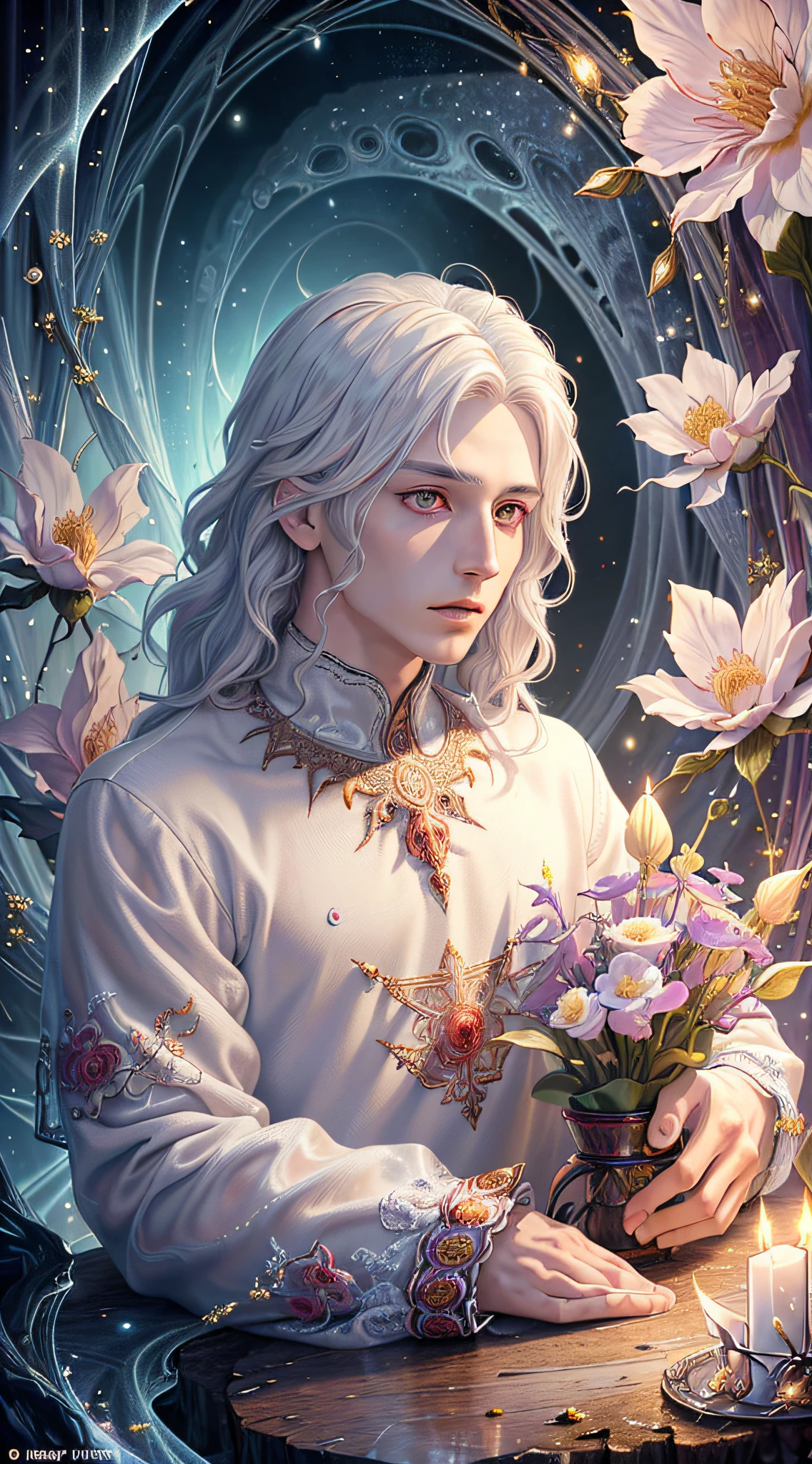 Realistic, (Masterpiece, Top Quality, Best Quality, Official Art, Beauty and Aesthetics: 1.2), Very Detailed, Fractal Art, Colorful, Most Detailed, Zentangle, (Abstract Background: 1.5) (1boy: 1.3), Gods, White Hair, (Glowing Red Eyes), Mysterious, (Magic), Ice, ((Flowers on the Other Side)), Yellow Spring, Hell