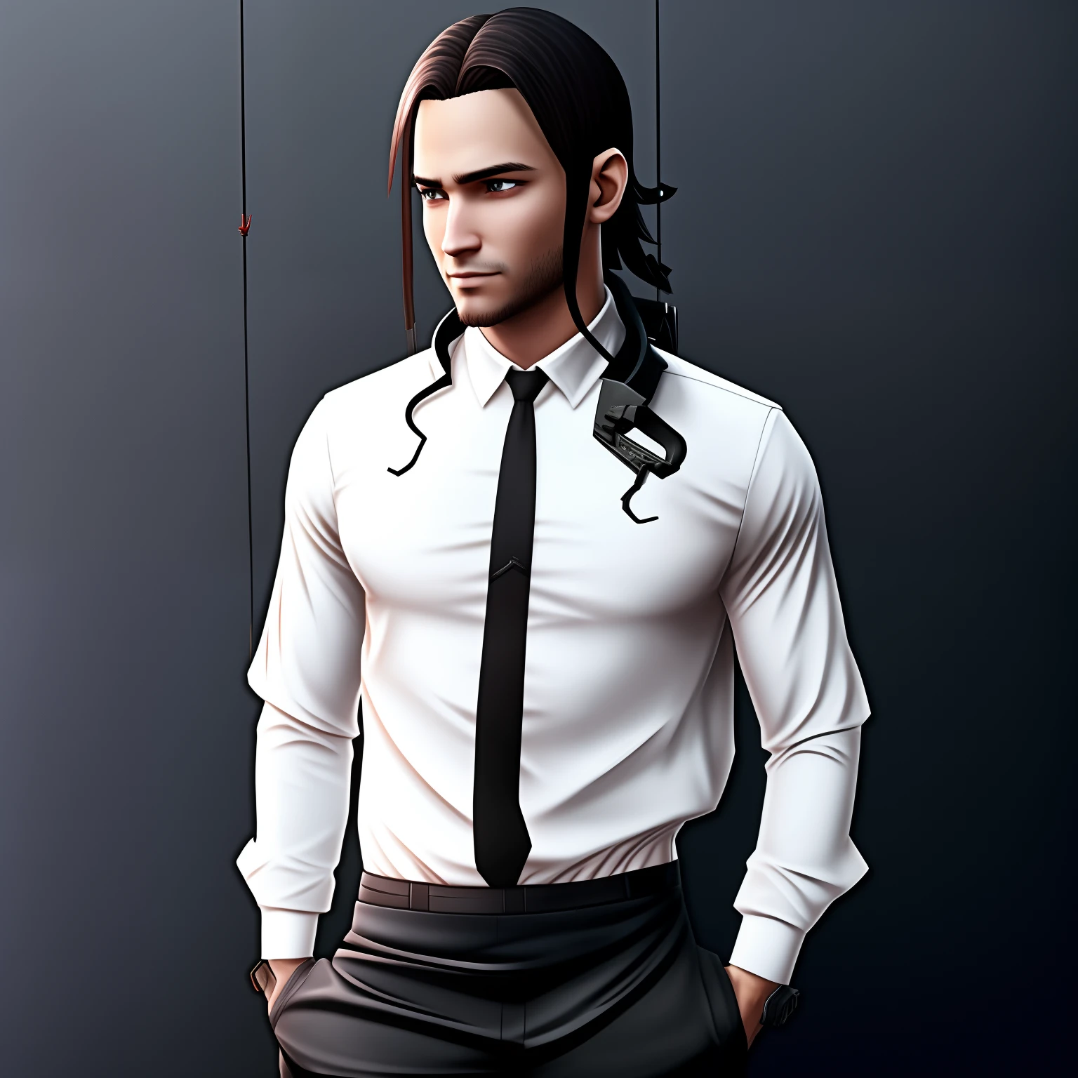 With a hunting rifle hanging from his back, realista,Anime realista, detalhado no cabelo,Olhos de cor vermelha,olhos fixos olhando por espectador