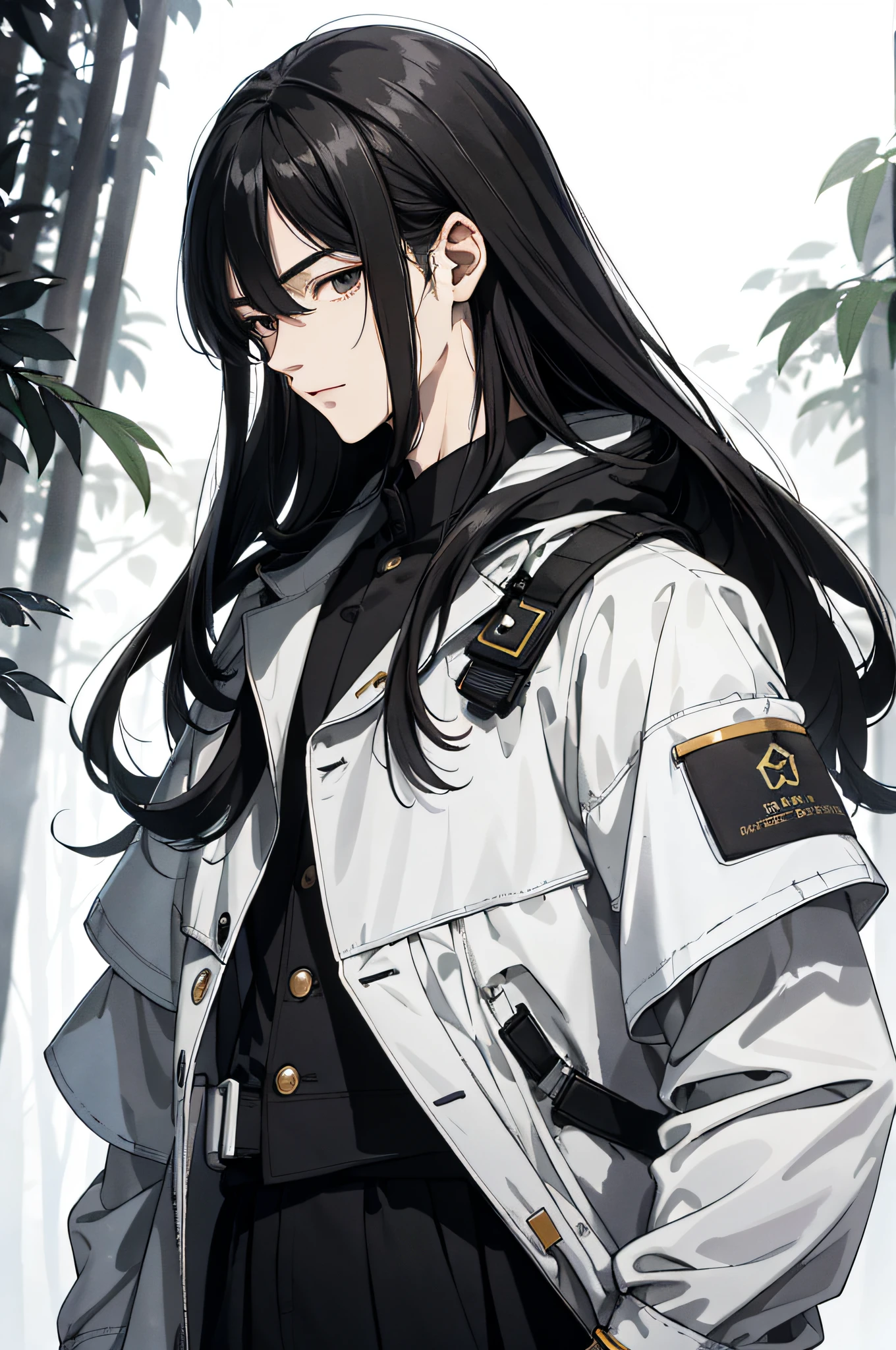 Absurd, High definition, Super detailed, Texture details, clear presentation, HD details, detail performance, Fine details, Clear face, Fix accurately, （（cabelos preto e longos））、long whitr hair、18-year-old man, Handsome, Tall,Soft smile、Slightly muscular,（Clear eyeballs）, (1 person: 1.3), handpainted, Simple lines, （An 18-year-old man wearing a white Chinese suit）, foggy forest、The upper part of the body，（Exocet suit 1.2）