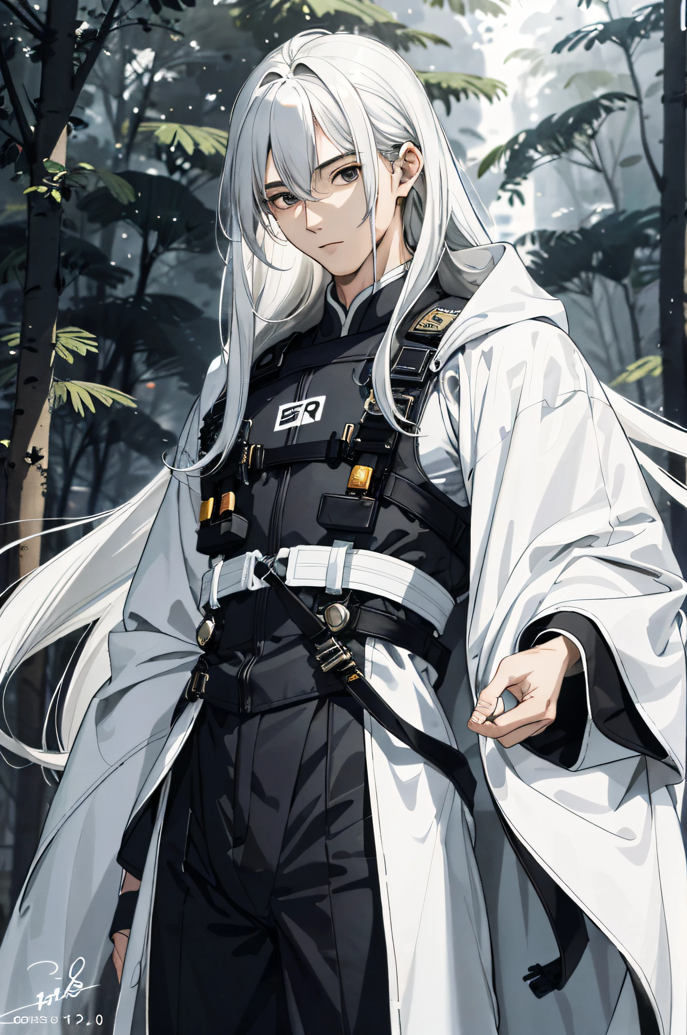Absurd, High definition, Super detailed, Texture details, clear presentation, HD details, detail performance, Fine details, Clear face, Fix accurately, （（cabelos preto e longos））、long whitr hair、18-year-old man, Handsome, Tall,Soft smile、Slightly muscular,（Clear eyeballs）, (1 person: 1.3), handpainted, Simple lines, （An 18-year-old man wearing a white Chinese suit）, foggy forest、The upper part of the body，（Exocet suit 1.2）