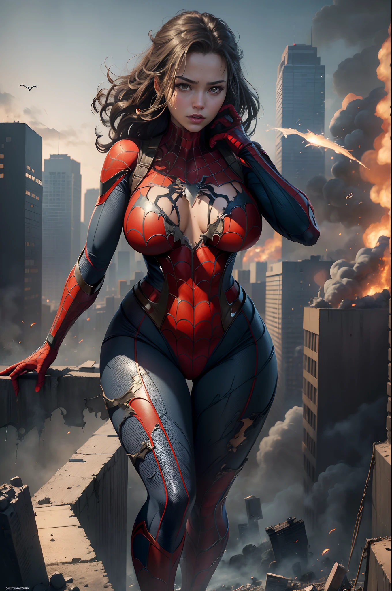 ((Masterpiece, best quality)), Spider-Man costume, One women, young, (large breasts:1.1), (hero view), ruined city background, fumefx, fire, colour saturation 70 percent, full body shot, clear fingers