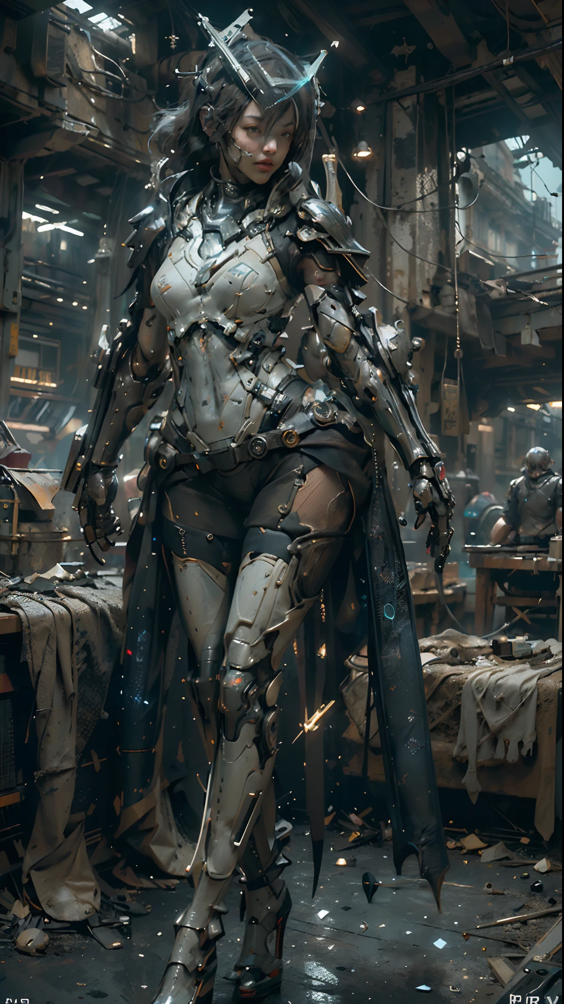 ((best quality)), ((masterpiece)), ((realistic)), (detailed), (photorealistic:1.5), a futuristic girl, (thick body), (white bodysuit), lights on armor, cybernetic headwear, looking at viewer, dynamic pose, post apocalyptic, destroyed city background, buildings on fire, science fiction, hdr, ray tracing, nvidia rtx, super-resolution, unreal 5, subsurface scattering, pbr texturing, post-processing, anisotropic filtering, depth of field, maximum clarity and sharpness, rule of thirds, 8k raw, (luminescent particles:1.4), (extremely detailed cg, unity 8k wallpaper, 3d, cinematic lighting, lens flare), reflections, sharp focus, cyberpunk art, cyberpunk architecture,