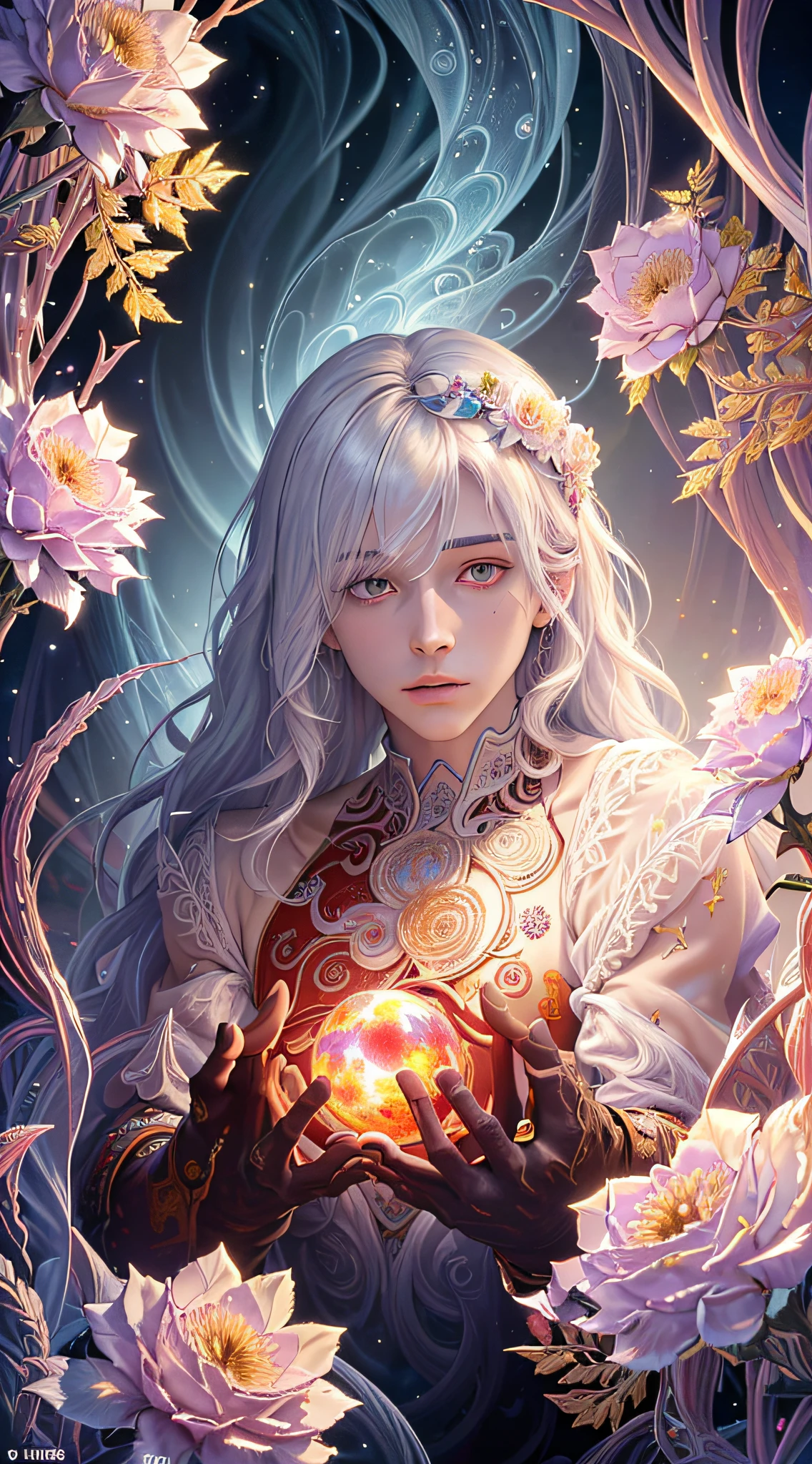 Realistic, (Masterpiece, Top Quality, Best Quality, Official Art, Beauty and Aesthetics: 1.2), Very Detailed, Fractal Art, Colorful, Most Detailed, Zentangle, (Abstract Background: 1.5) (1boy: 1.3), Gods, White Hair, (Glowing Red Eyes), Mysterious, (Magic), Ice, ((Flowers on the Other Side)), Yellow Spring, Hell