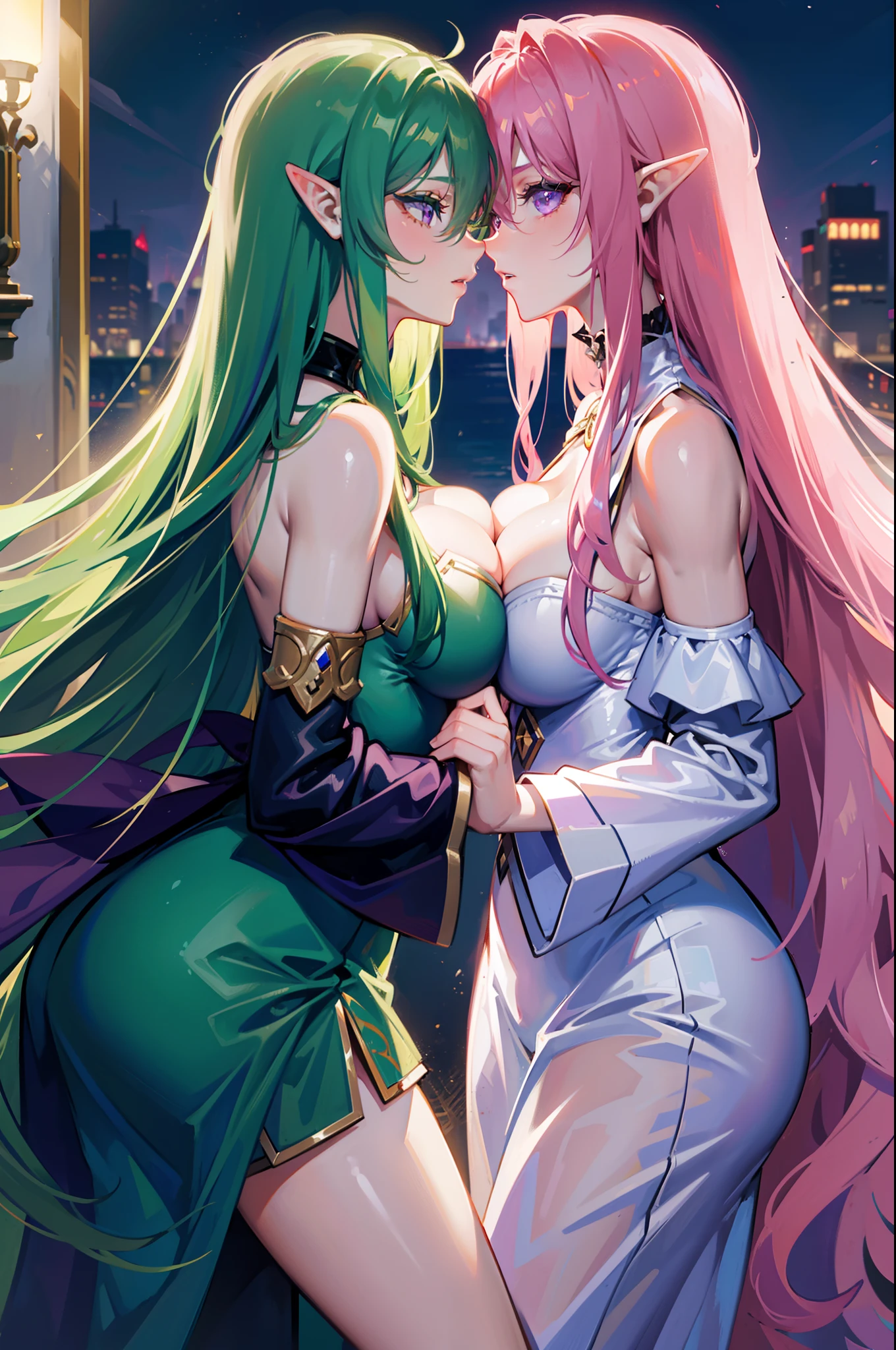 2 Ying kissing , One has long green hair..............., purple eyes.. , The other has long pink hair..............., High Quality, couple , Girls love girls................, Yuri,,A Beautiful Girl, lesbian, lover, luxury, dynasty ,castles.elf. night light. Luxury Bedroom. pajama. dim lighting. romantic. kiss. Expressions of love . at night. fan .large boobs. Plump bodies, looking at each other. . bashful