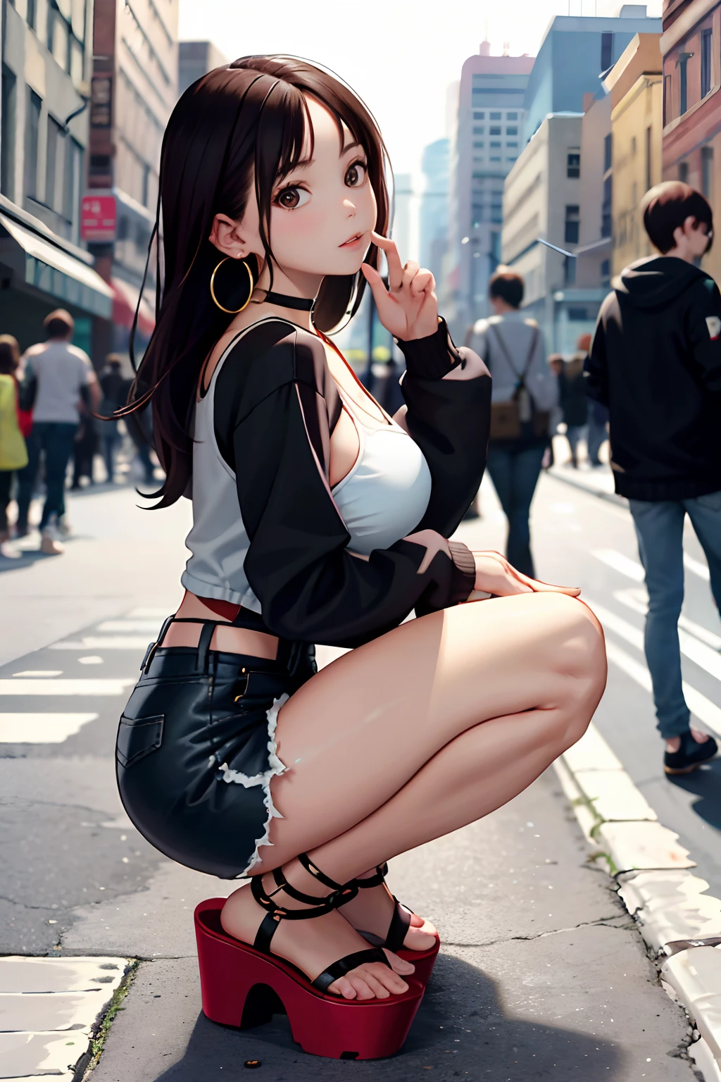 masterpiece, best quality,1girl,young girl,brown eyes,long hair,mesugaki smile,shiny skin,(nice leg line:1.3),thick thighs,thin waist,huge breasts
BREAK
, Black_bodysuit, high-waisted_shorts, platform_sandals, chain_choker_necklace, hoop_earrings,
BREAK
, Department_store,,crowd,depth of field,looking at viewer,squatting,from side,upper body,legsupsexms