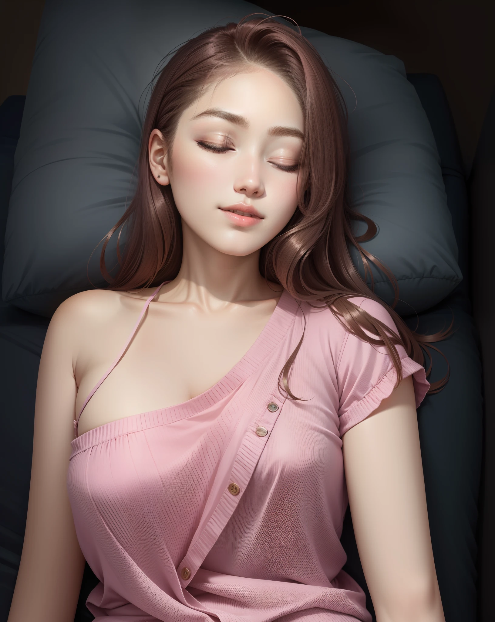 Sleeping girl, 22 years old, realistic, she is wearing long pants, she is wearing pink pajama, brown hair.