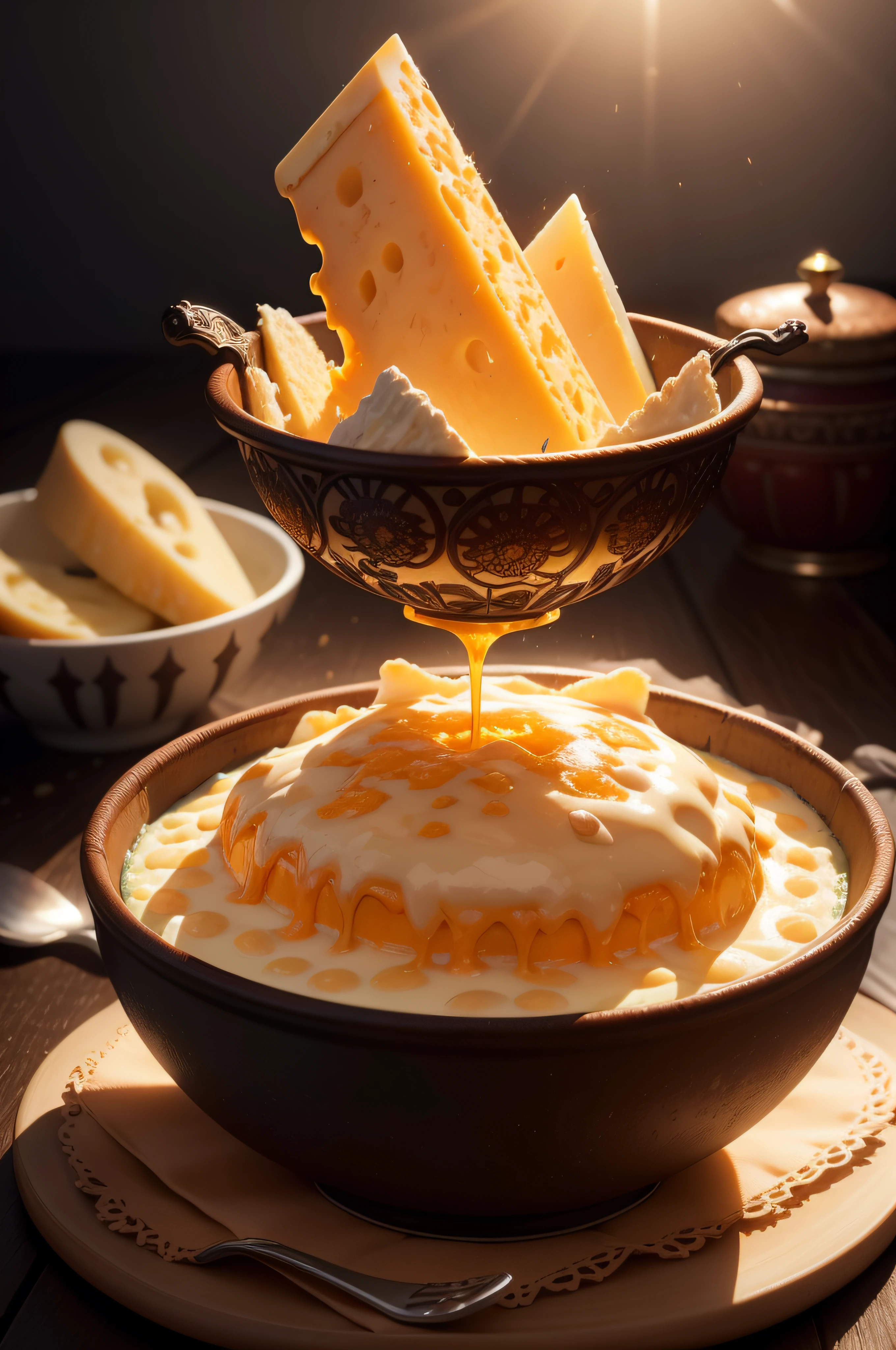 product photography of cheese and melted cheese on a bowl for dipping food, intricate, epic, highly detailed, vibrant, food photography, epic render, octane, accent lights, (backlit:1.3), (cinematic:1.3), intricate details, (ArtStation:1.3)