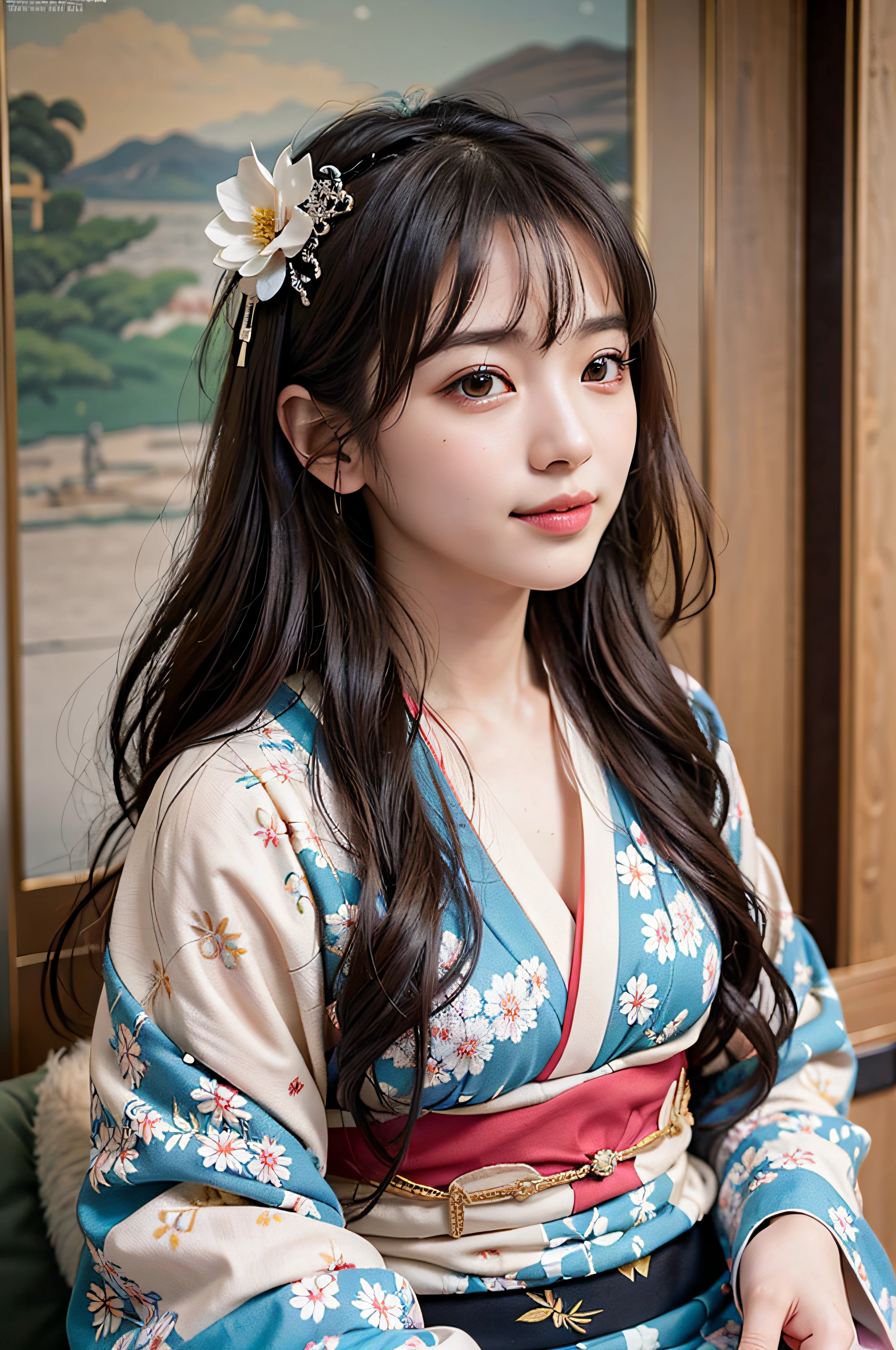 (Photorealsitic:1.4), (Top image quality:1.0), (超A high resolution:1.0), 8K, Raw photography, (masterpiece:0.2), (pureerosface_v1:0.5)、(Best Quality Detail:1.2)、realisitic、8K UHD、hight resolution、(1girl in:1.2)、The ultra-detailliert、High quality textures、intricate detailes、detaileds、Very detailed CG、High quality shadows、Detail Beautiful delicate face、Detail Beautiful delicate eyes、depth of fields、Ray traching,1girl in, japanaese girl, Cute, slender, Black kimono, Kimono with Japanese pattern,Floral scrunchie, Beautiful skin, Facing the front,Sit down, Sit upright and say thank you,Align your hands elegantly,Smile faintly The Land of Japan,Japanese garden,Luxury Japanese-style room, skyporn, Magic Hour, (Realistic:1.3), Finely detailed, quality, (masutepiece:1.2), (Photorealistic:1.2), (Best Quality), (Intricate details), Dramatic, Ray tracing, photograph, +Lola