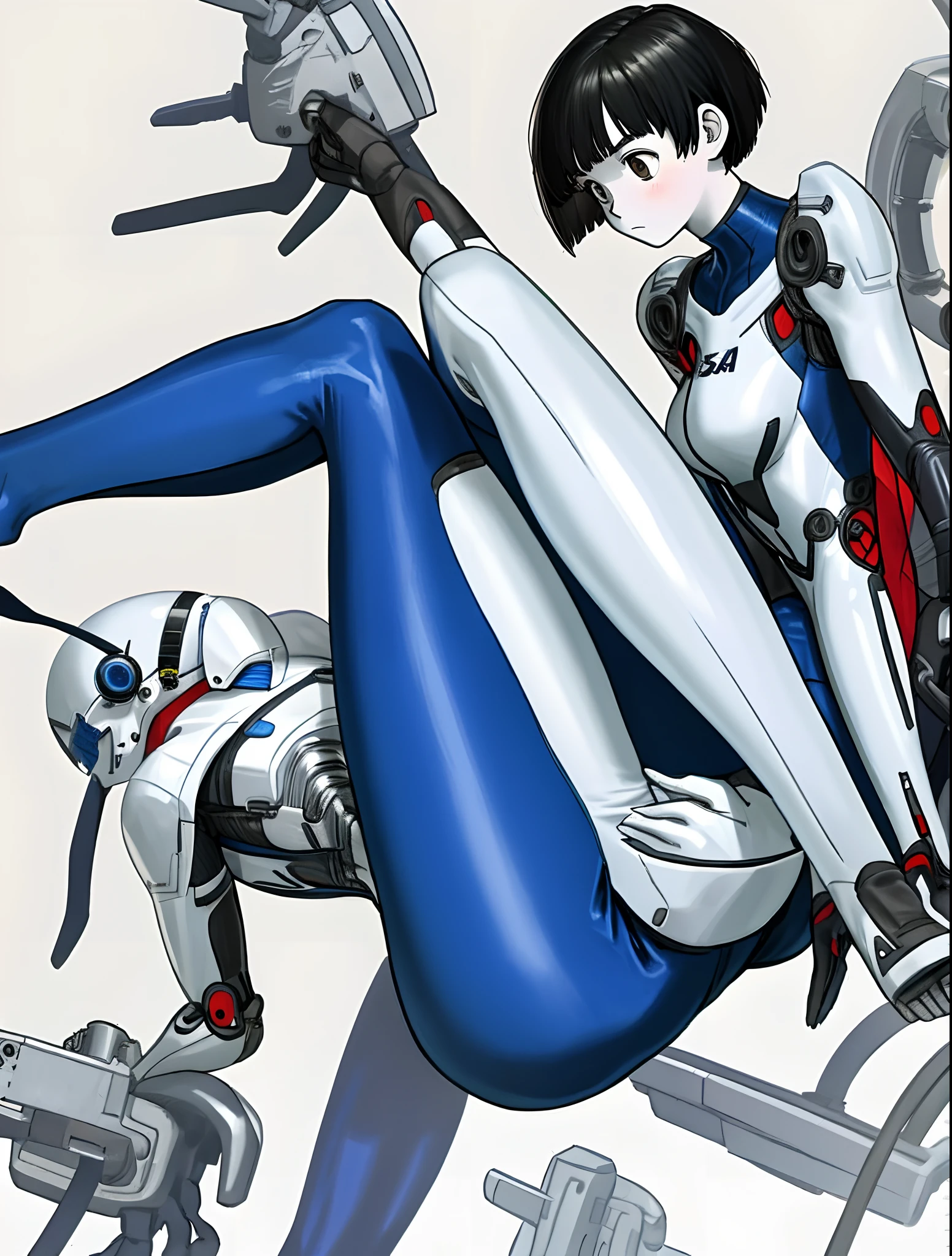 schoolgirls，tightsuit，legs separated，short detailed hair，white skinned，shy