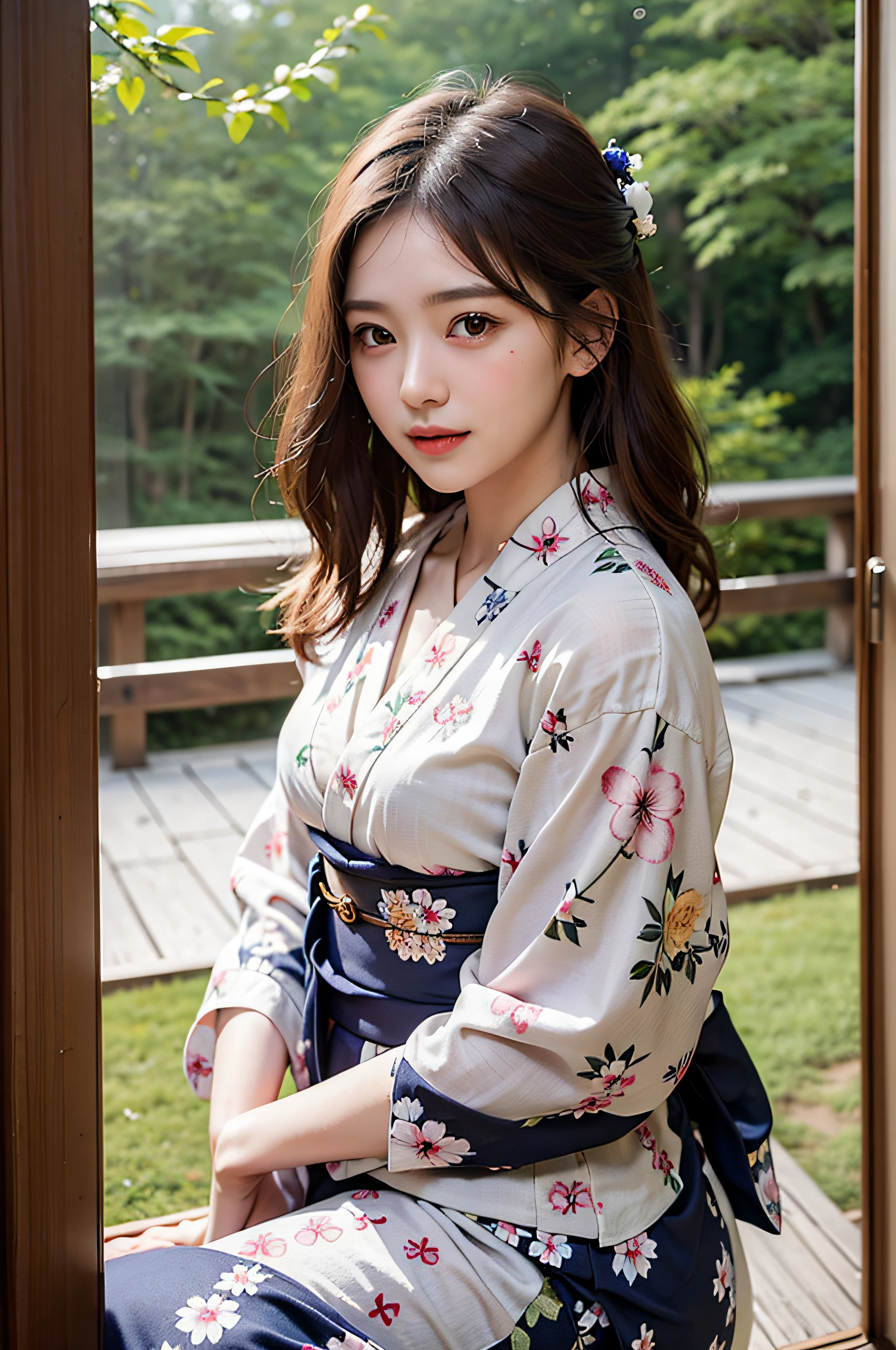 (Photorealsitic:1.4), (Top image quality:1.0), (超A high resolution:1.0), 8K, Raw photography, (masterpiece:0.2), (pureerosface_v1:0.5)、(Best Quality Detail:1.2)、realisitic、8K UHD、hight resolution、(1girl in:1.2)、The ultra-detailliert、High quality textures、intricate detailes、detaileds、Very detailed CG、High quality shadows、Detail Beautiful delicate face、Detail Beautiful delicate eyes、depth of fields、Ray traching,1girl in, japanaese girl, Cute, slender, Black kimono, Kimono with Japanese pattern,Floral scrunchie, Beautiful skin, Facing the front,Sit down, Sit upright and say thank you,Align your hands elegantly,Smile faintly The Land of Japan,Japanese garden,Luxury Japanese-style room, skyporn, Magic Hour, (Realistic:1.3), Finely detailed, quality, (masutepiece:1.2), (Photorealistic:1.2), (Best Quality), (Intricate details), Dramatic, Ray tracing, photograph, +Lola