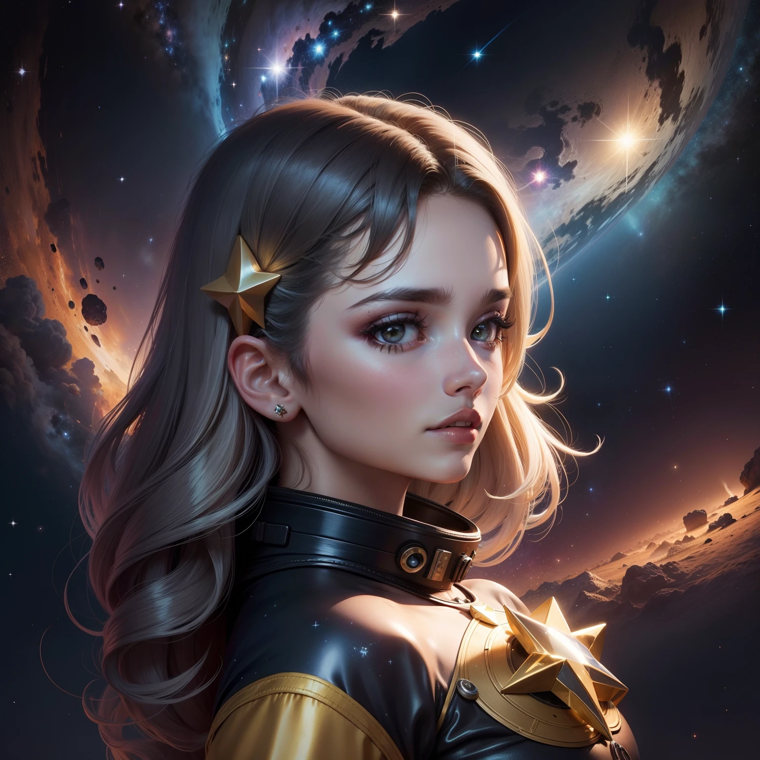 Mulher, linda, outer space, estrelas, cabelo amarelo