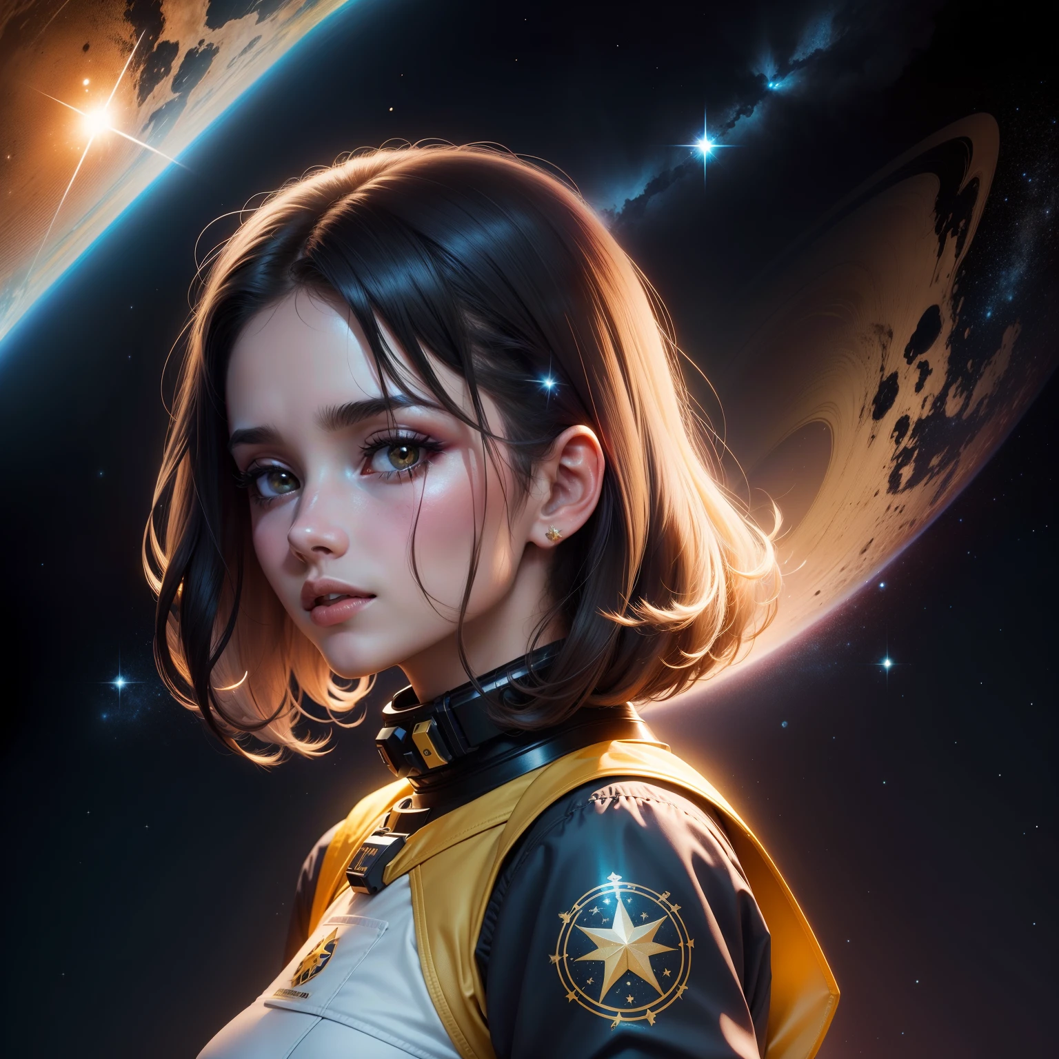 Mulher, linda, outer space, estrelas, cabelo amarelo