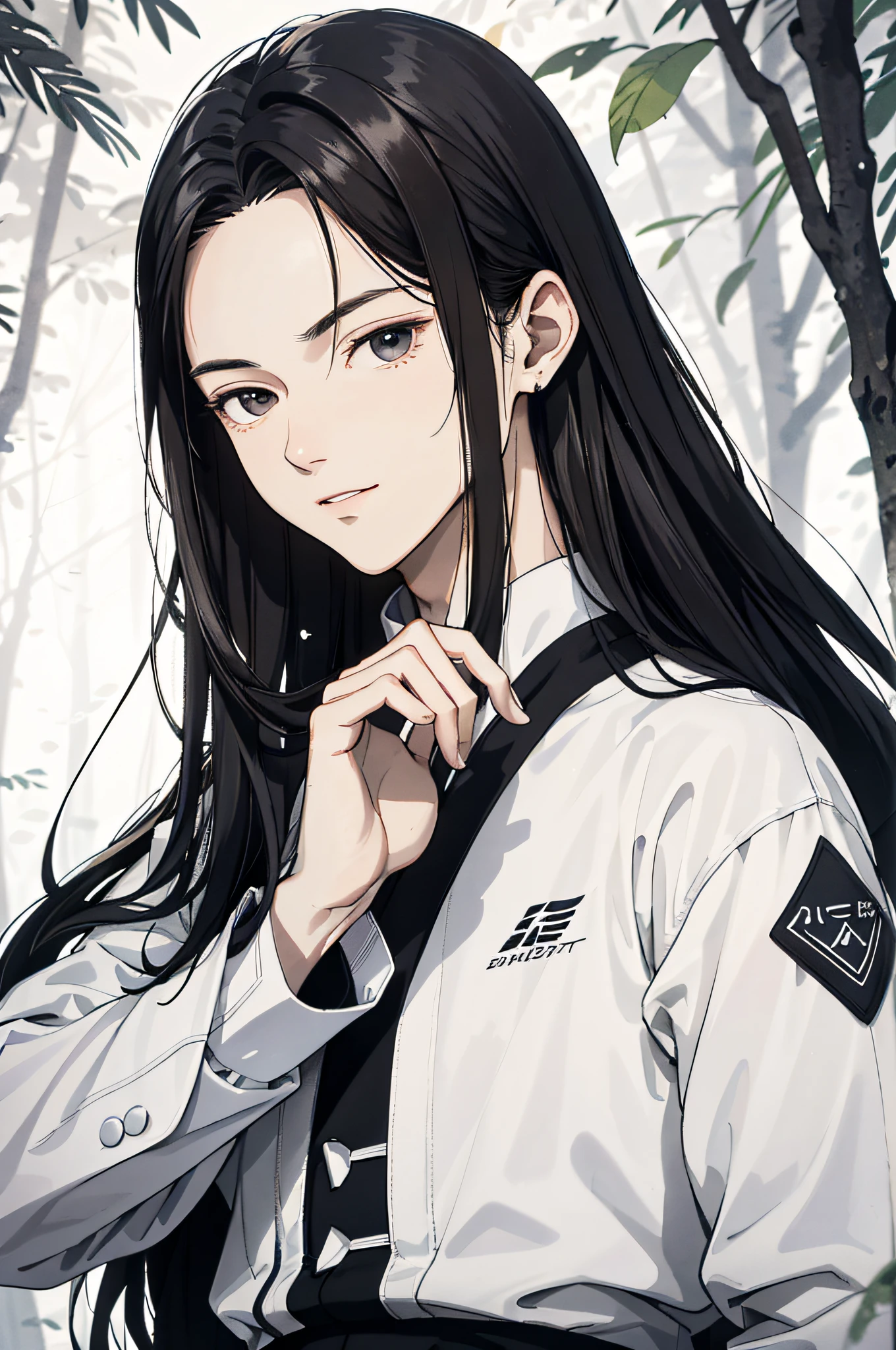 Absurd, High definition, Super detailed, Texture details, clear presentation, HD details, detail performance, Fine details, Clear face, Fix accurately, ((cabelos preto e longos))、long whitr hair、18-year-old man, Handsome, Tall,Soft smile、Slightly muscular,(Clear eyeballs), (1 person: 1.3), handpainted, Simple lines, (An 18-year-old man wearing a white Chinese suit), foggy forest、The upper part of the body,(Exocet suit 1.2)