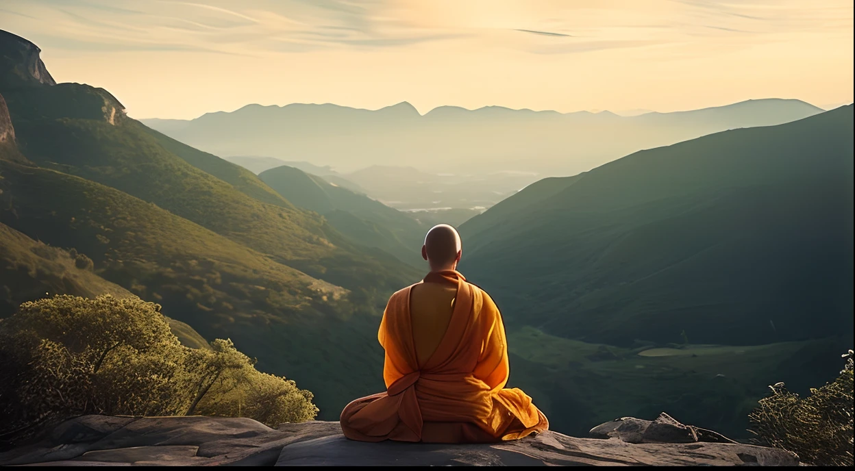 Monge Arafed sentado em uma rocha com vista para um vale, monge meditar, Monge budista meditando, hindu stages of meditation, Zen Meditation, Meditando, budismo, Monge budista, meditation, orar meditando, budista, monge, on path to enlightenment, dojo em uma montanha, flutuando em um poderoso estado zen, on the path to enlightenment, meditating pose, spiritual lighting