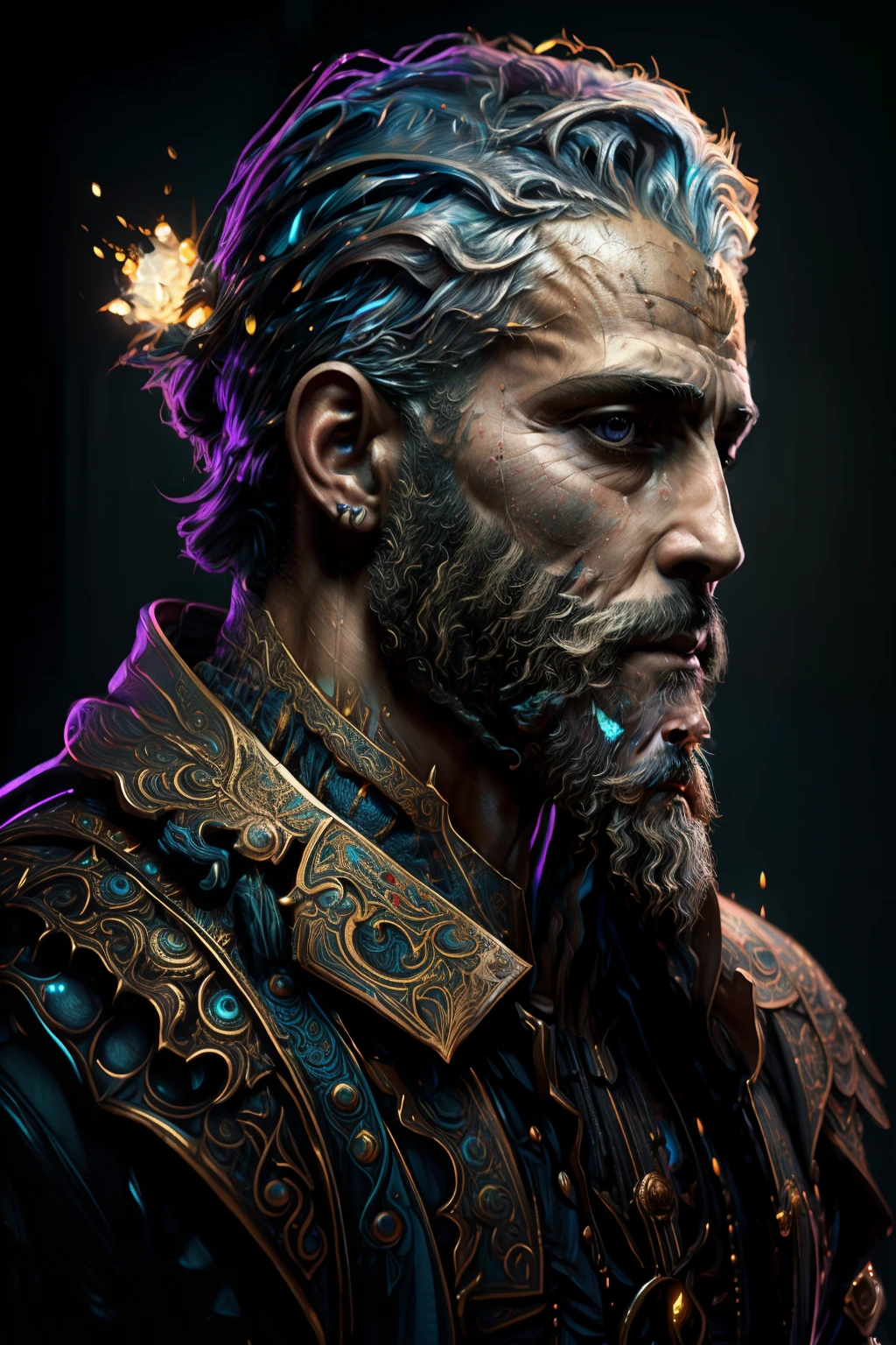 Pintura digital de un hombre joven con barba y un tocado floreado ,Arte de Alberto Severo, salpicaduras y gotas congeladas multicolores, dream, Pintura digital surrealista , brillos tornasolados, efectos 3D, Ultra HD, obra de arte magistral ,cinematic lighting,16k Arte digital 4K altamente detallado, Pintura digital intrincada, Arte digital detallado 4K, Gran arte digital con detalles, amazing detail digital art, Arte digital extremadamente detallado, Arte digital altamente detallado, amazing digital art, Awesome Digital Illustration, hyperdetailed fantasy character, Arte digital hiperdetallado, Arte digital demasiado detallado
