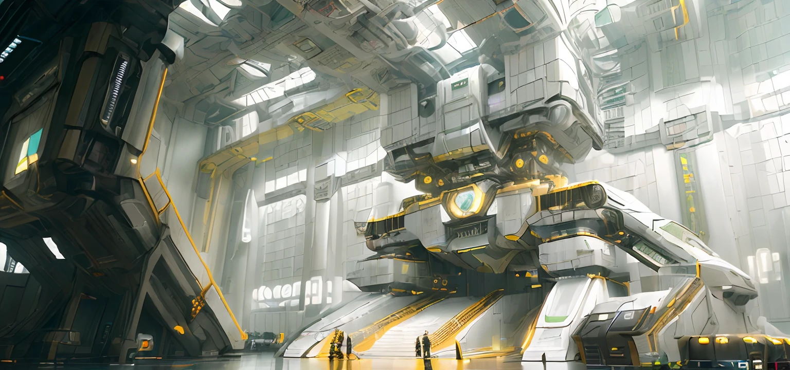 there is a large robot that is standing in a building, inside a futuristic army base, spaceship hangar, Futuristic production facility, stunning sci-fi concept art, scifi concept art, scifi concept art, scifi concept art, inspired by Krenz Cushart, scifi concept art, inside futuristic hangar, Future science fiction. Game CG,(((8K, RAW photo, Best quality, Masterpiece:1.4))), 超高分辨率, Ultra-detailed, illustration, Close-up, Astono, Environment only, Lab Room,Hyper-realistic,Realistic rendering and detail,