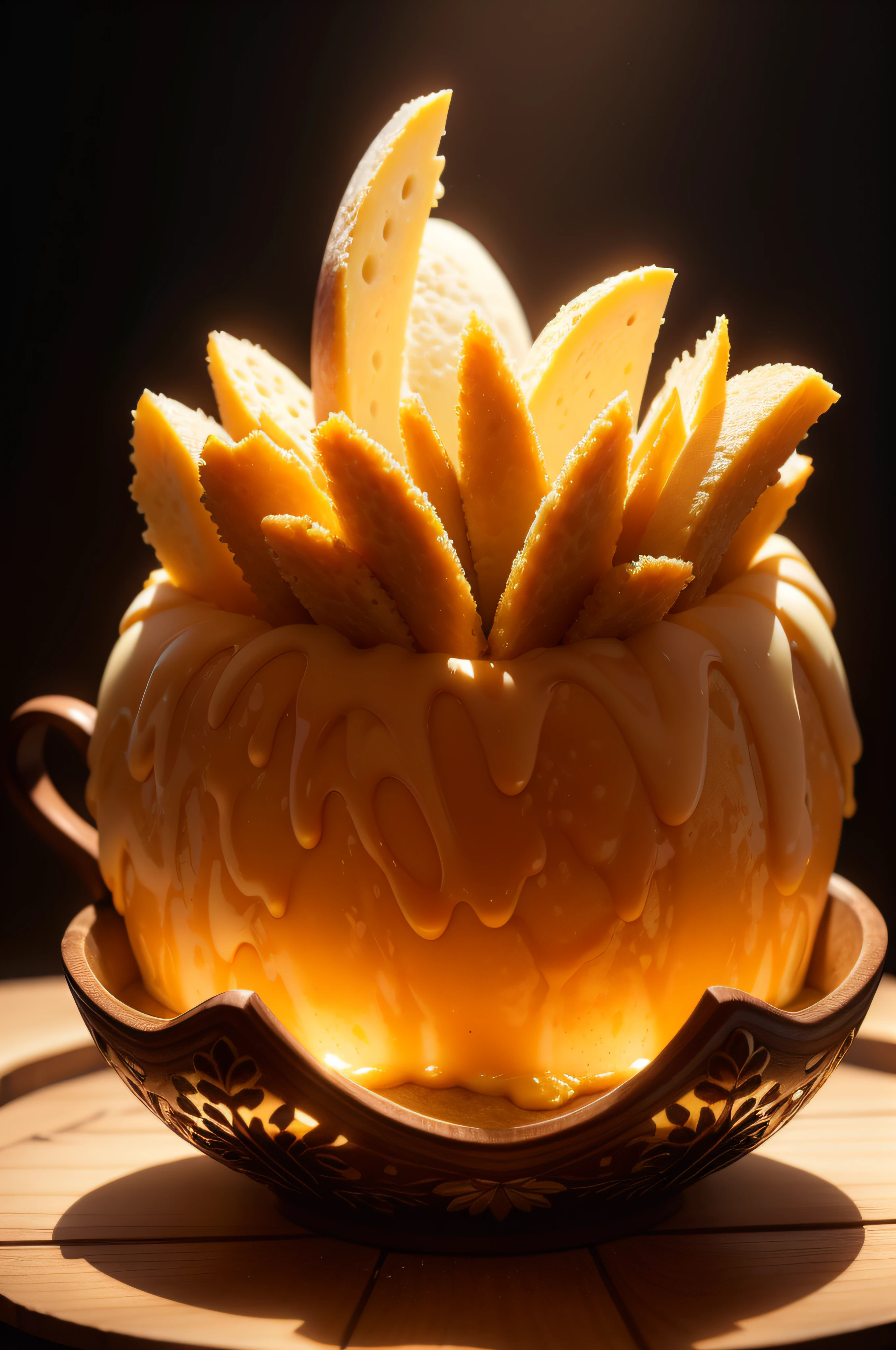 product photography of cheese and melted cheese on a bowl for dipping food, intricate, epic, highly detailed, vibrant, food photography, epic render, octane, accent lights, (backlit:1.3), (cinematic:1.3), intricate details, (ArtStation:1.3)