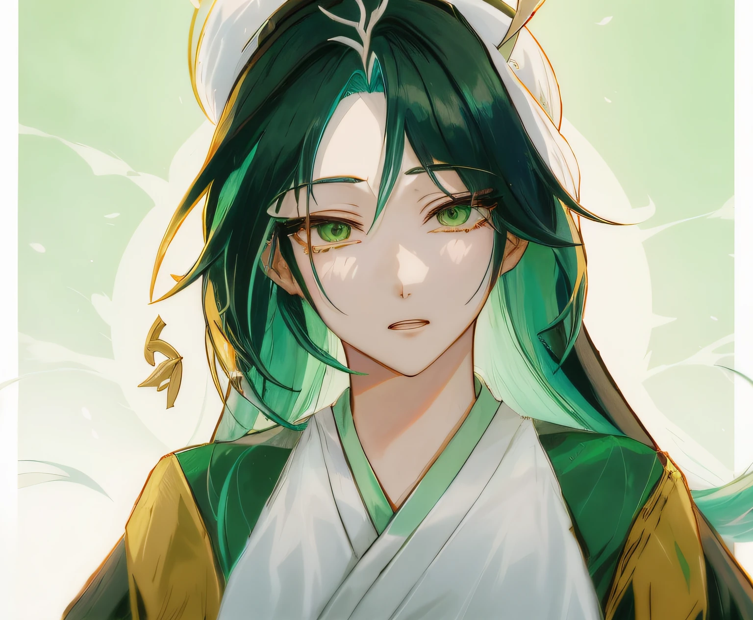 Anime girl with green hair and a white hat, Demon Slayer rui fanart, Akali, Retrato de Onmyoji, sage ( valorant ), inspirado em Bian Shoumin, portrait knights of zodiac girl, retrato estilo anime, Keqing de Genshin Impact, retrato bonito do anime, tou, Heise Jinyao, Zhongli, Genshin Impact