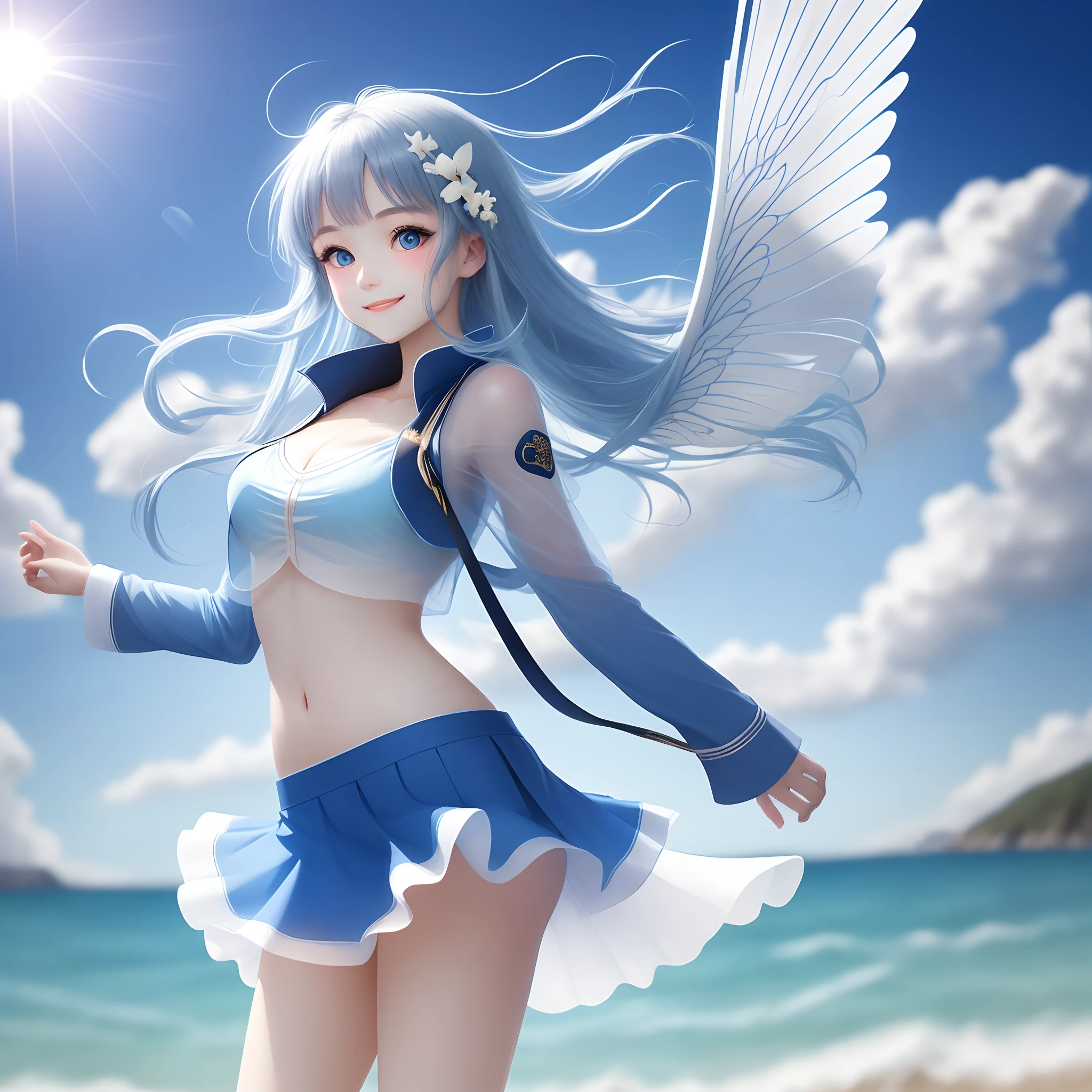 blue-sky,the sea,Girl with white transparent wings wearing a blue miniskirt, She was pale, blue color eyes, The chest is large and straight,Slender legs leaking out,Stand in the air,The sun shines on the girl's face,Let her smile warm