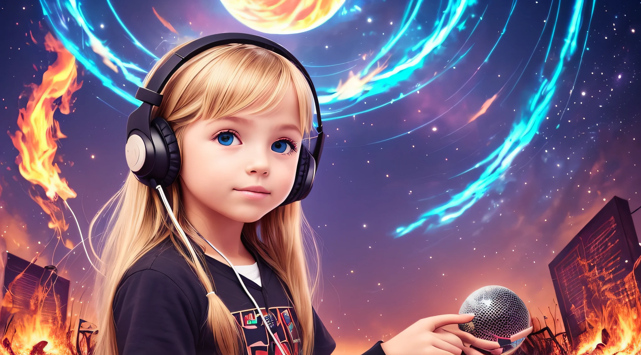 mENINA CHILD BLONDE LONG HAIR WEARING A HEADSET , fire, raio, lightnings, segurando uma disco ball