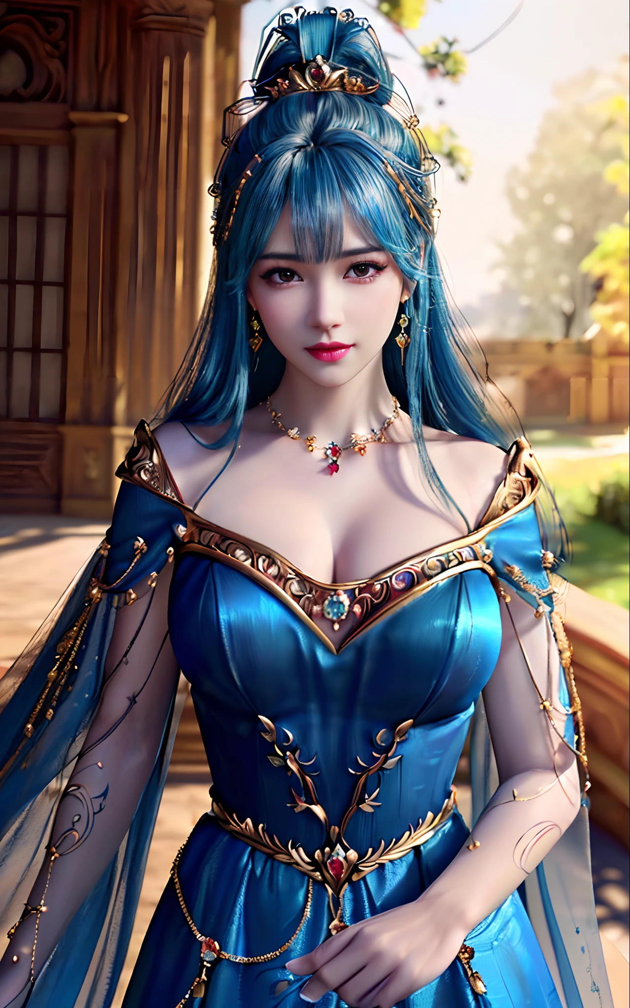 ((realisticity: 1.2)), ((best resolution: 8K UHD)), best quality,masterpiece,highres,cg,
((1 super detailed and super realistic girl)), ((very beautiful queen dazzling, super realistic, and super detailed)),((white skin, beautiful, smooth, youthful, super realistic and super detailed
)), long hair, ((super realistic and super detailed dress)), solo, ((super realistic, super beautiful, gorgeous and super detailed jewelry)), ((super beautiful, super realistic and super detailed dark red and golden yellow dress)),
((super beautiful, super realistic, super detailed diamond filled earrings)),
  ((super beautiful, super realistic and super detailed diamond filled hair ornament)), ((super beautiful upper body, super beautiful, super realistic and super detailed)), ((big breasts: 2.5)), 
((super grand, super realistic and super detailed royal palace backgroun))
((super beautiful, super beautiful, super realistic and super detailed hair bun)), ((super beautiful, super realistic and super detailed blue hair)),
candid, Photograph, high resolution, 8k,Bokeh,