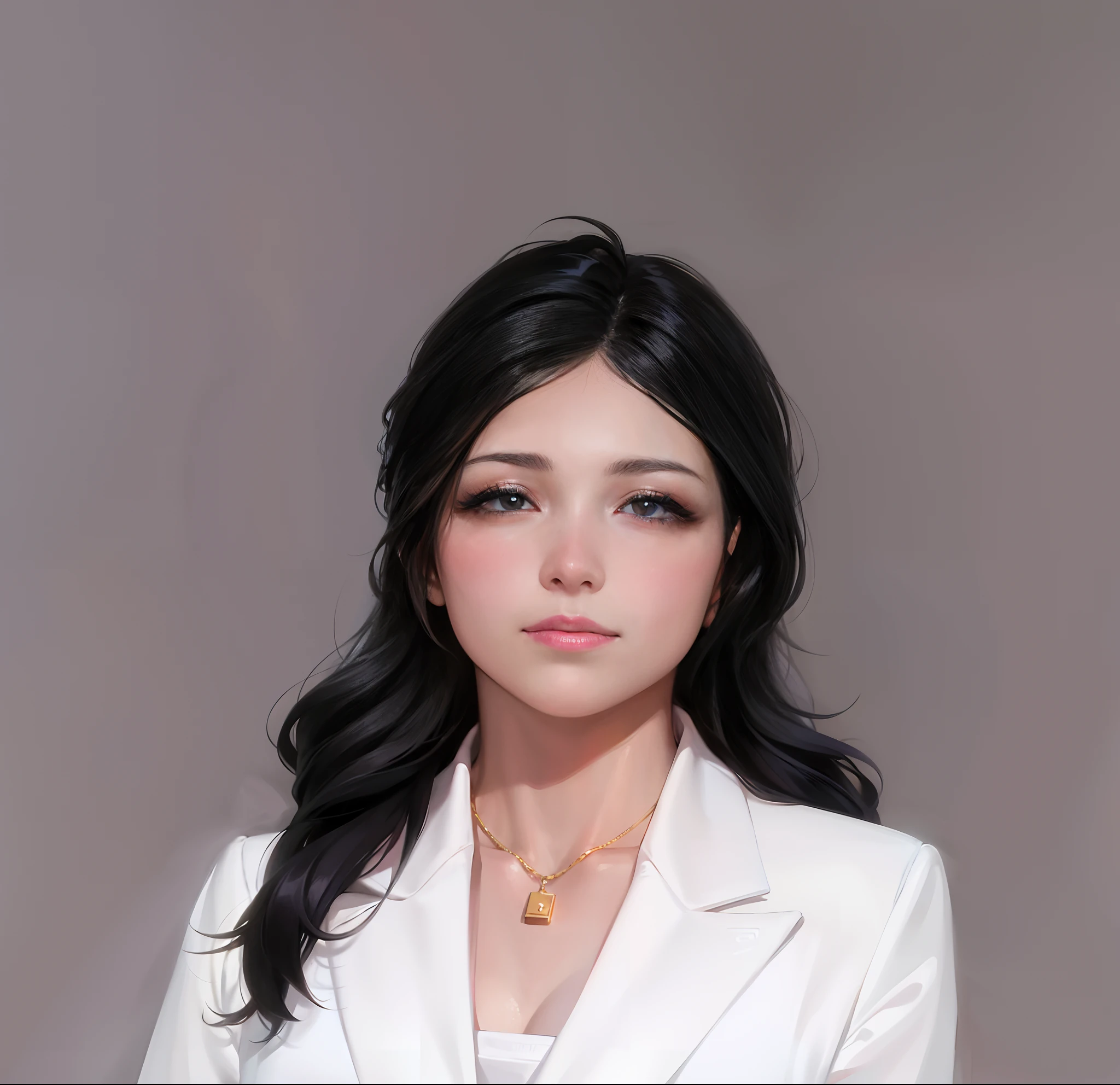best qualtiy，超高分辨率，1girl，white business suit，gold choker，adolable，（Kpop idol），（aegyo sal：1），（with black curled hair：1），（（puffy eye）），It looks like in front of the audience，A half body，facing the front there