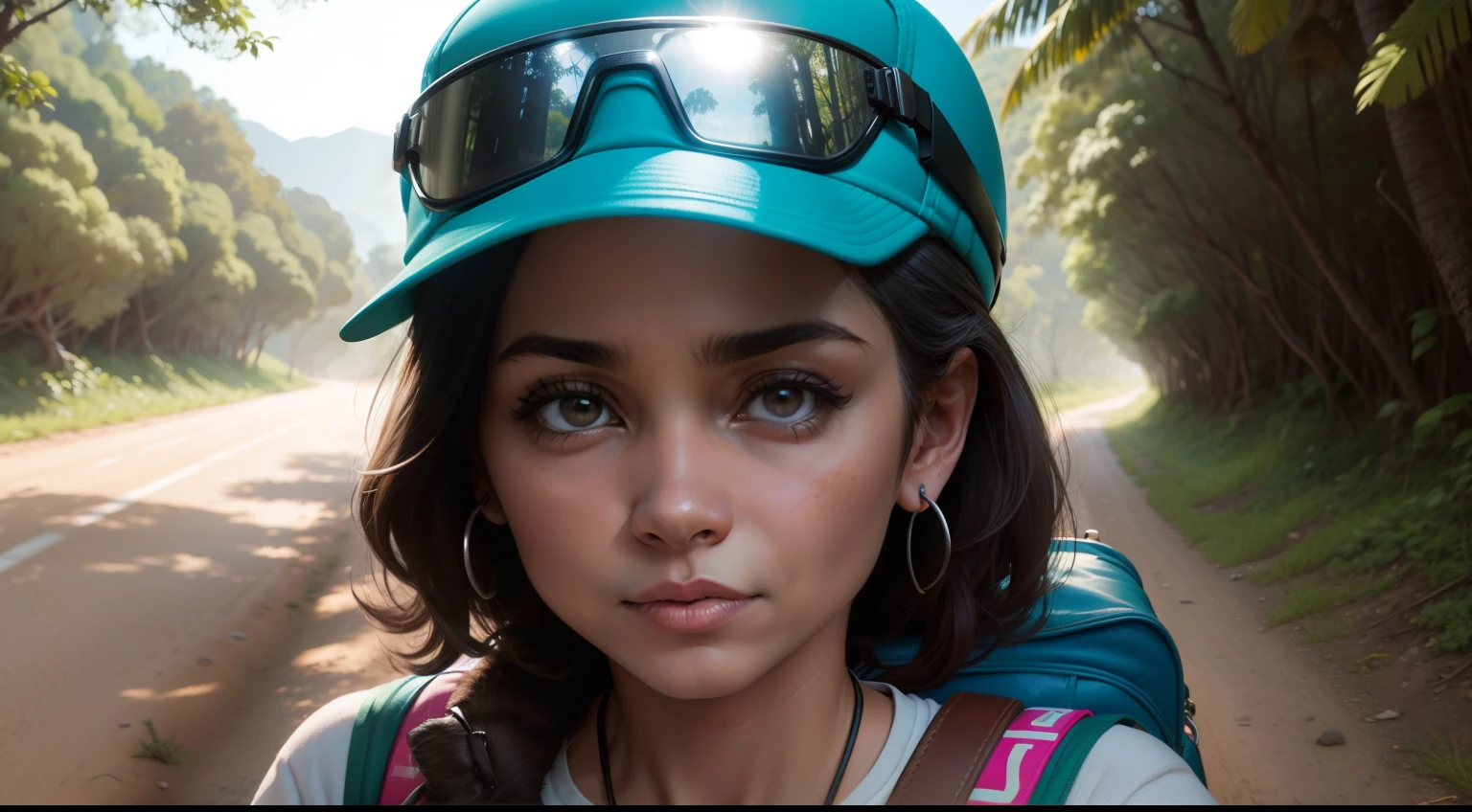 Retrato do mulher latina, 30 anos , com e olhos de anjo, olhando para estrada de terra , acenando, na bicicleta , on the dirt road , natureza, rios , com mochila nas costas , "com cachorro no colo" ''sentada na bicicleta ''