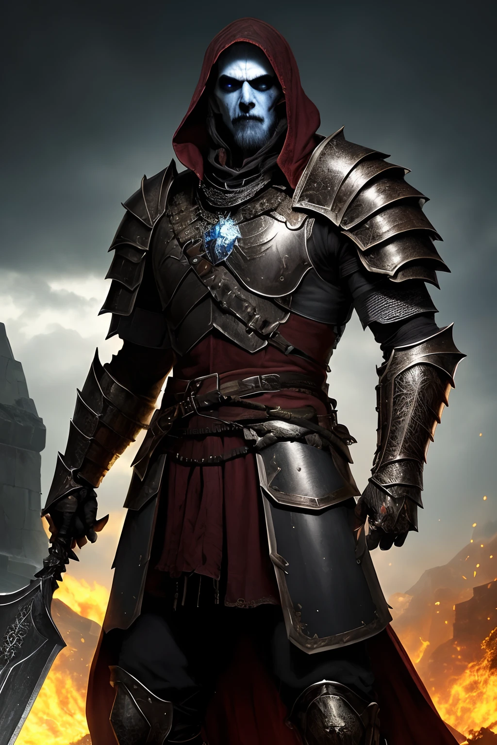 (papel de parede 8k extremamente detalhado), an average photo of a handsome fearsome armored necromancer warrior, intrincado, alto detalhe, Dramatic