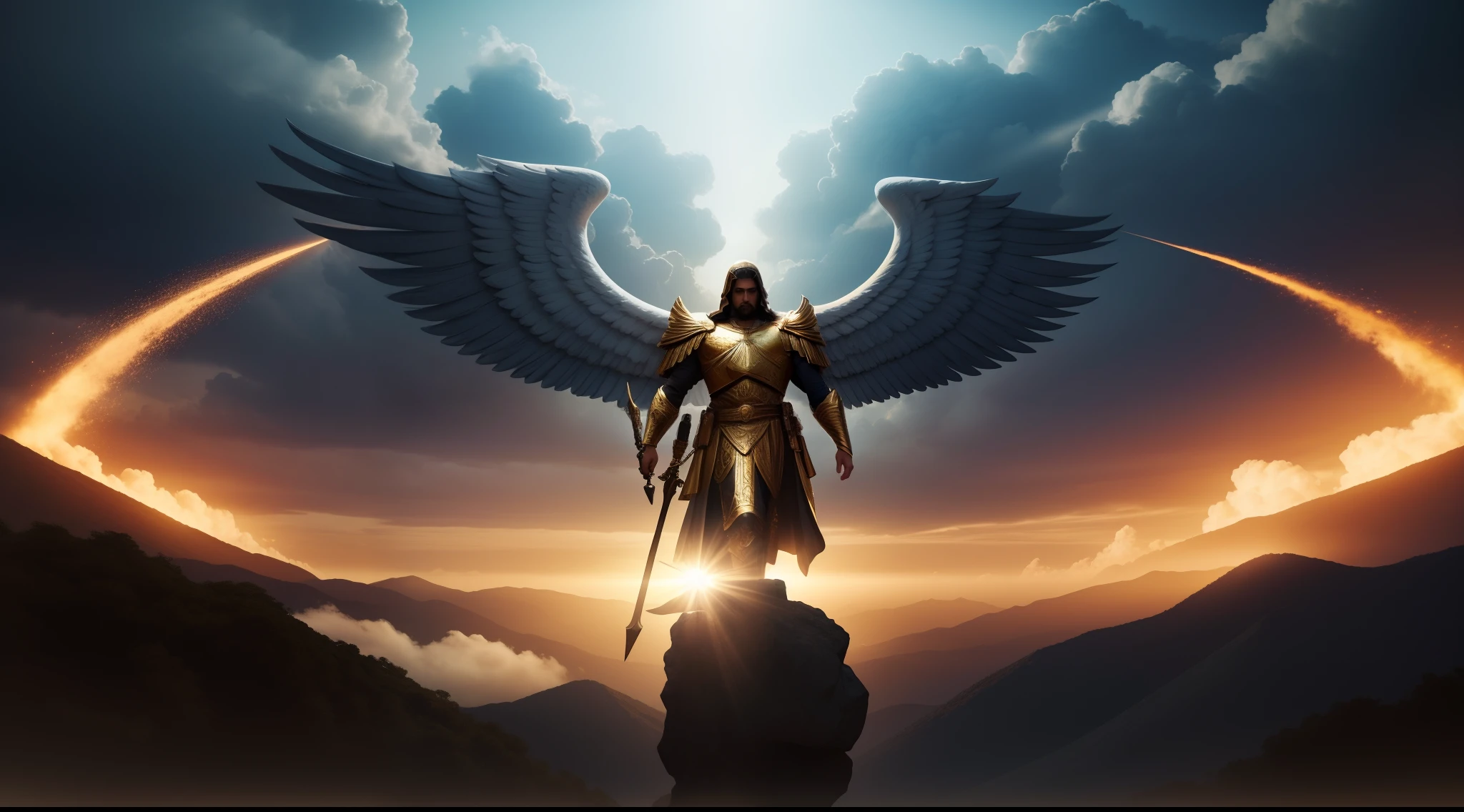 anjo masculino de deus, anjo masculino, The angel of God's army, Golden Army, Rosto detalhado, army, face sem defeito, Normal face, tempestade, Towards the Heavens, celestial, divino, fotorrealista, renderizado, 4k, 8k, texturas detalhadas, sombras detalhadas, decente, cores detalhadas, anjo masculino de deus, Contraste realista, Texturas fotorrealistas, cores detalhadas, cores realistas, sombras detalhadas,